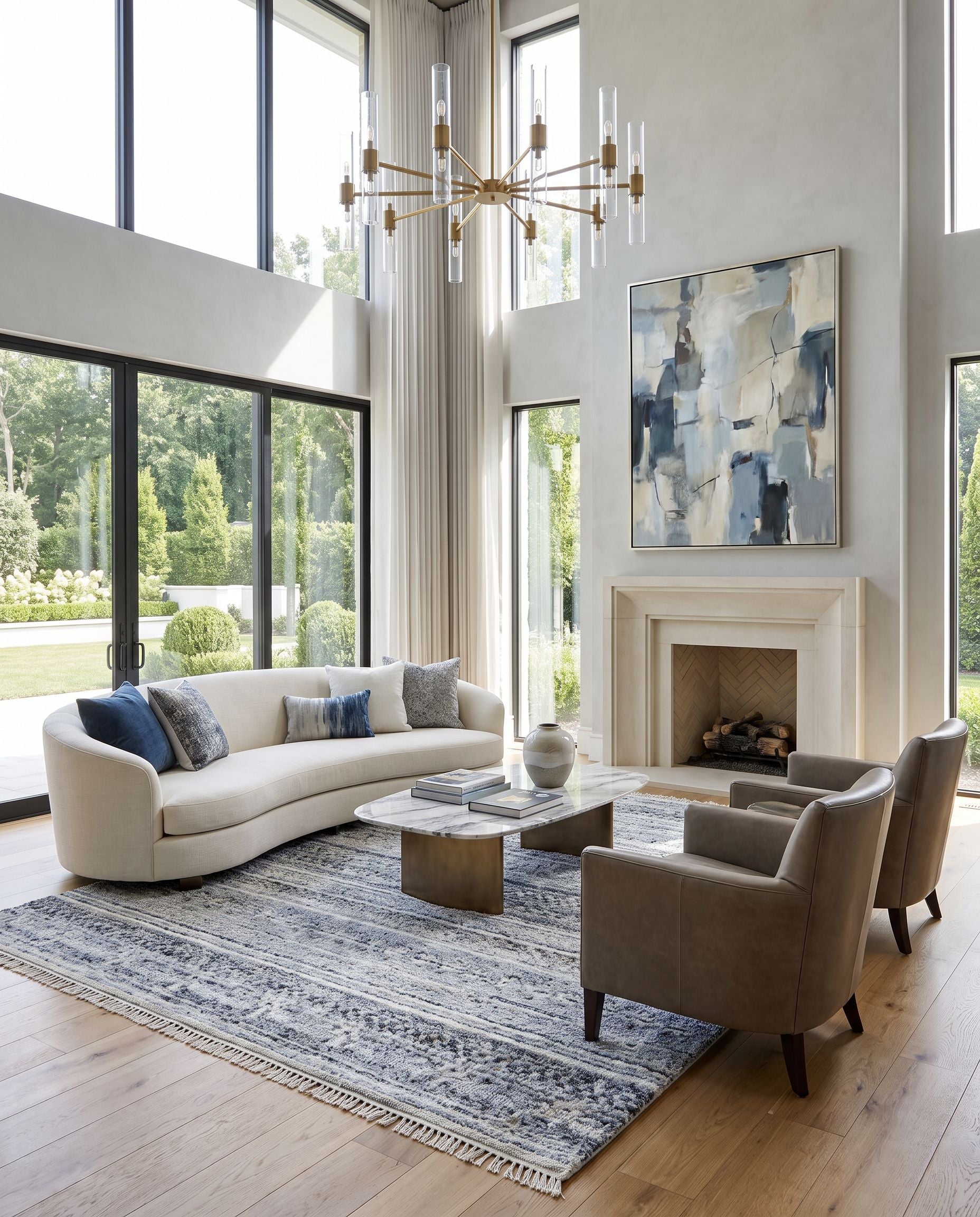 Pompei PPI-2306 Hand Knotted Rug as the centerpiece of a bright luxury living room — a hand knotted rustic area rug in dark blue, slate, black and brown tones