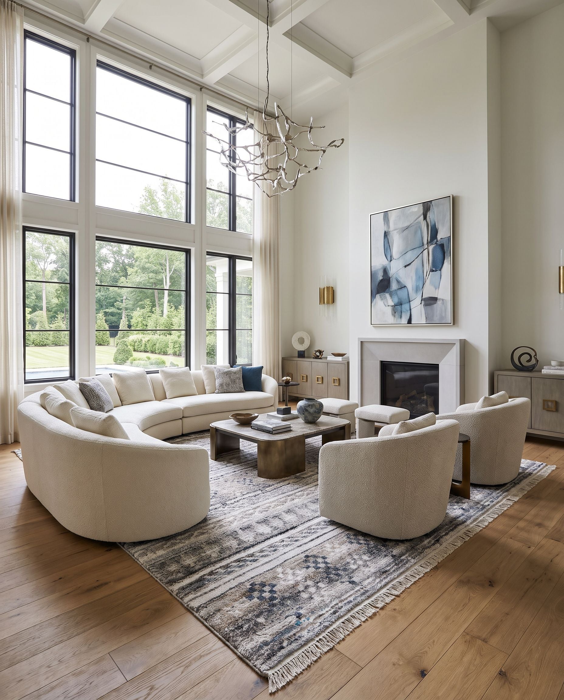 Pompei PPI-2307 Hand Knotted Rug as the centerpiece of a bright luxury living room — a hand knotted southwestern area rug in black, off white, light gray and navy tones