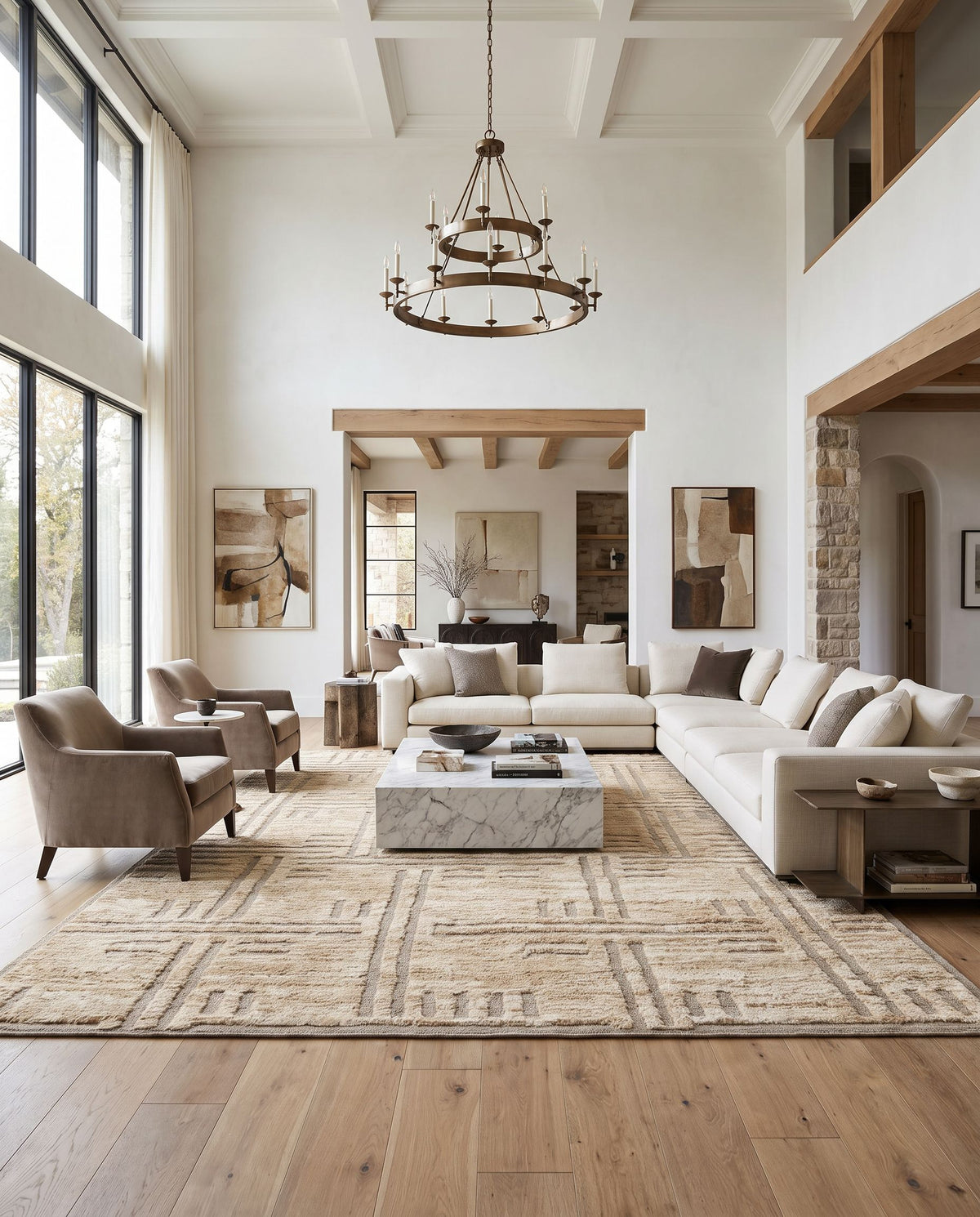 Papyrus PPY-4902 Hand Knotted Rug as the centerpiece of a bright luxury living room — a hand knotted cottage area rug in brown and yellow tones