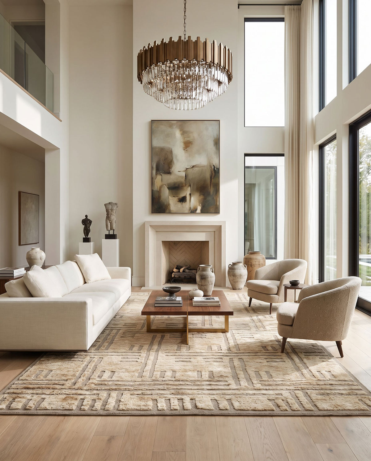 Papyrus PPY-4902 Hand Knotted Rug styled in an elegant designer living room — hand knotted cottage area rug in brown and yellow tones
