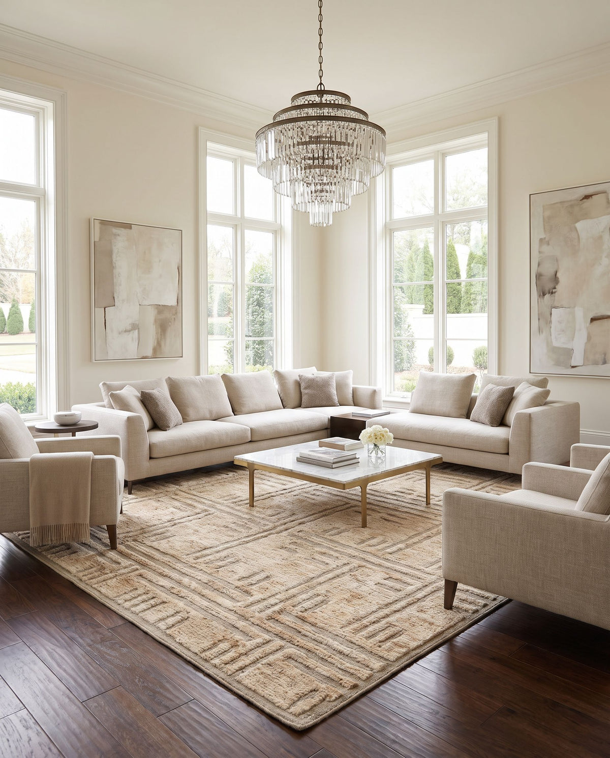 Papyrus PPY-4902 Hand Knotted Rug styled in an elegant designer living room — hand knotted cottage area rug in brown and yellow tones