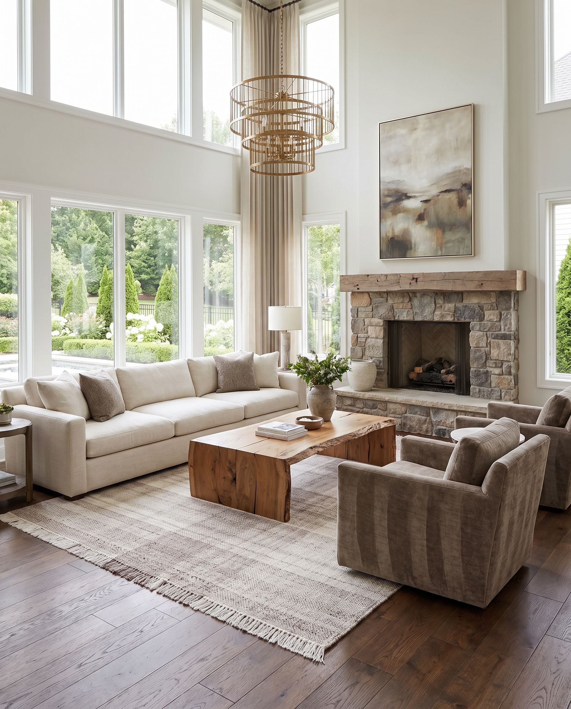 Primrose PRM-2307 Hand Woven Rug as the centerpiece of a bright luxury living room — a hand woven cottage area rug in dark brown, taupe and off-white tones