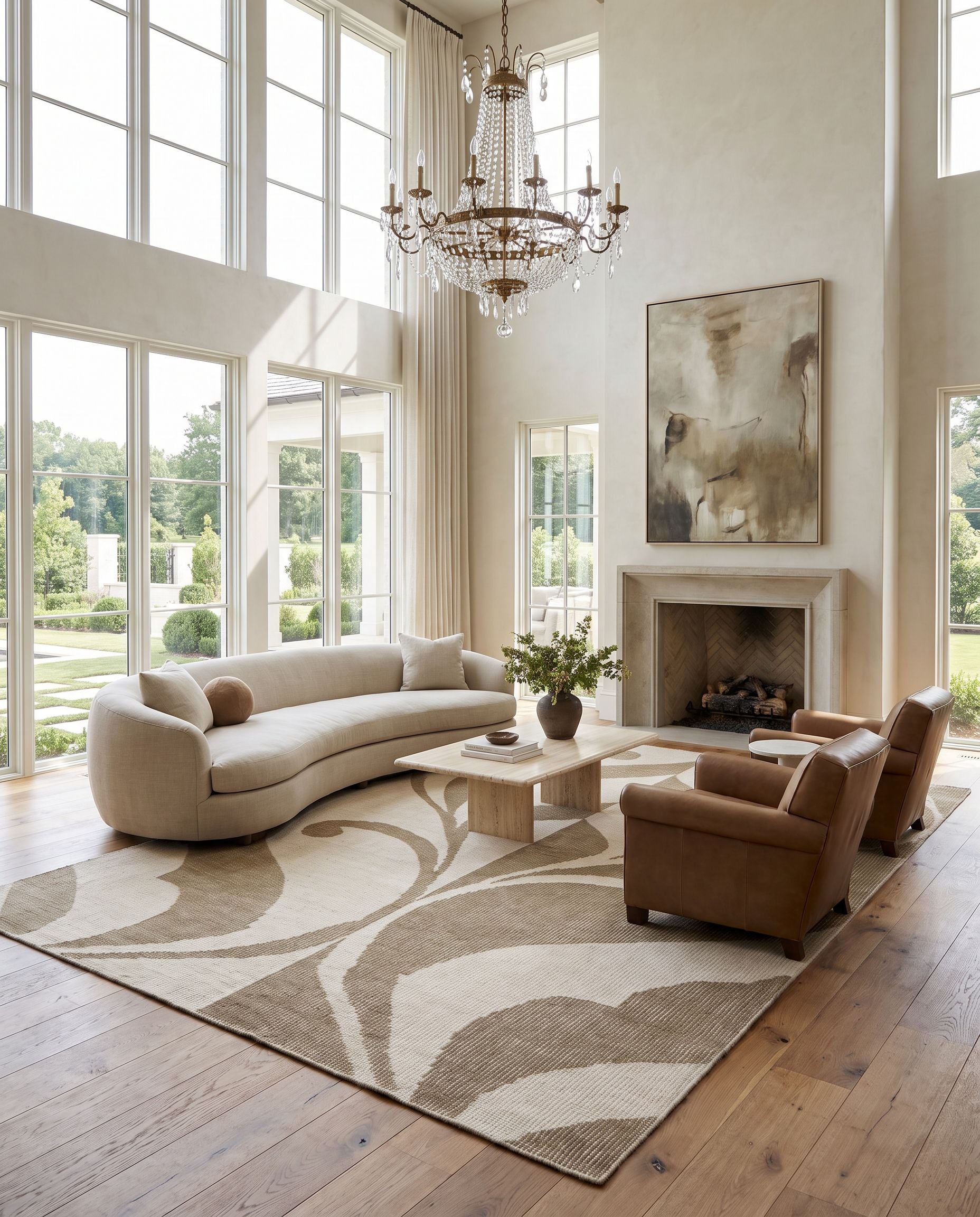 Paradox PRX-1000 Hand Knotted Rug as the centerpiece of a bright luxury living room — a hand knotted modern area rug in olive and light beige tones