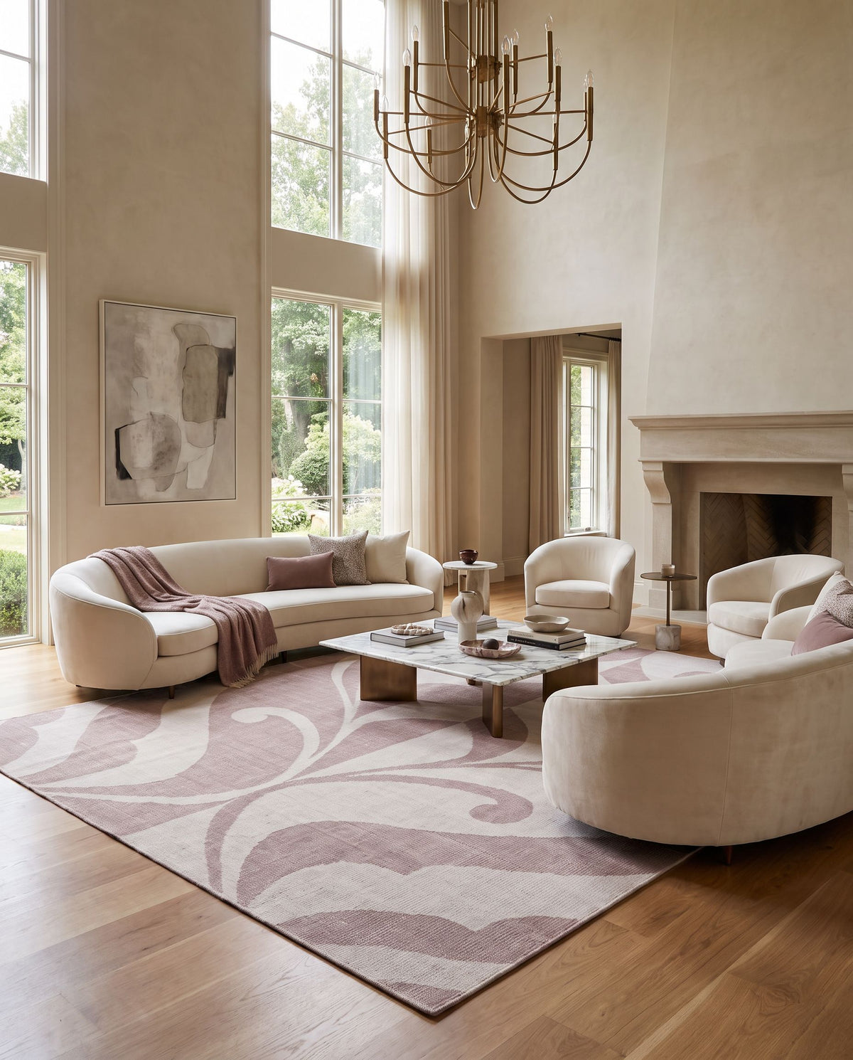 Paradox PRX-1001 Hand Knotted Rug as the centerpiece of a bright luxury living room — a hand knotted modern area rug in mauve and lilac tones
