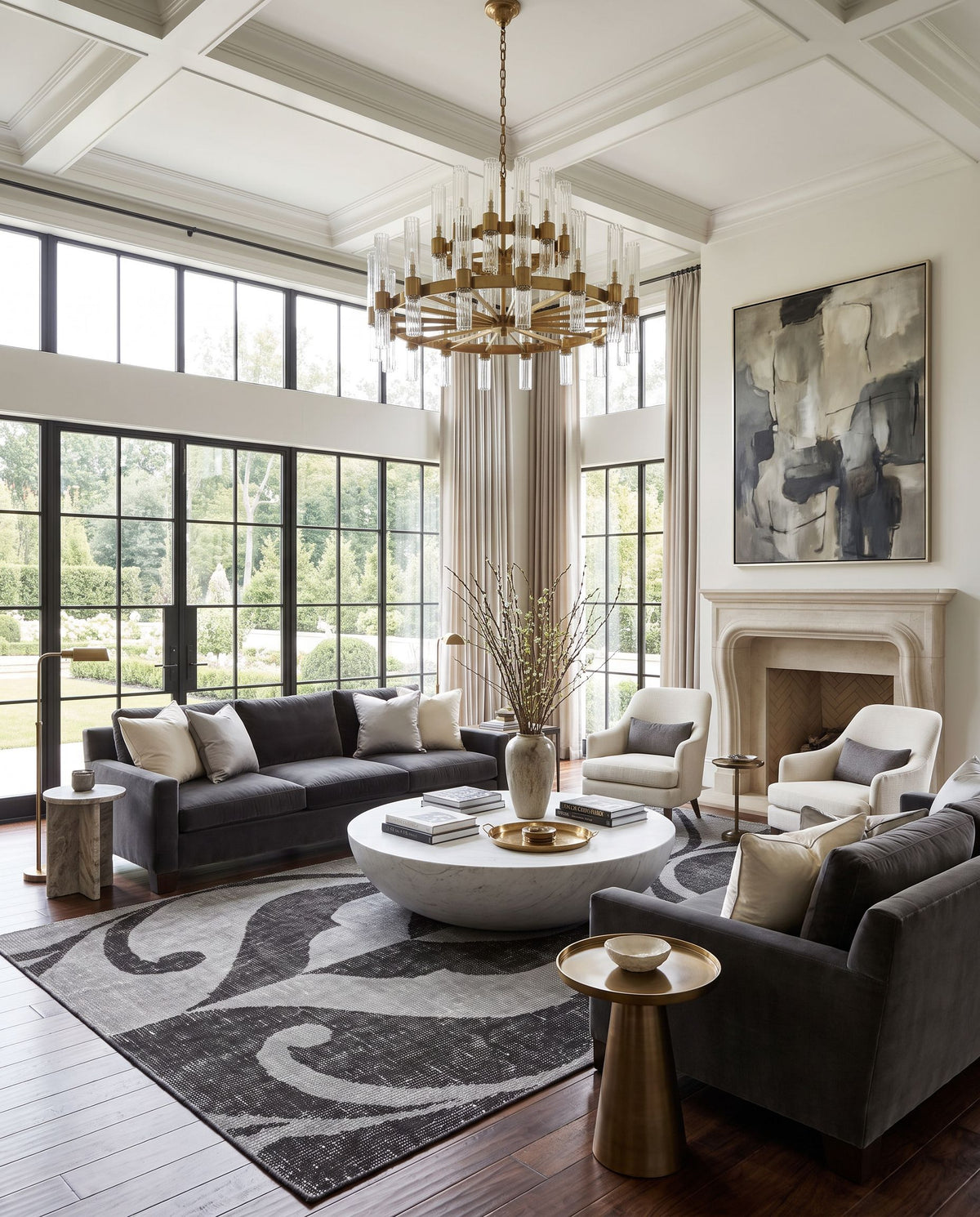 Paradox PRX-1002 Hand Knotted Rug as the centerpiece of a bright luxury living room — a hand knotted modern area rug in black and gray tones