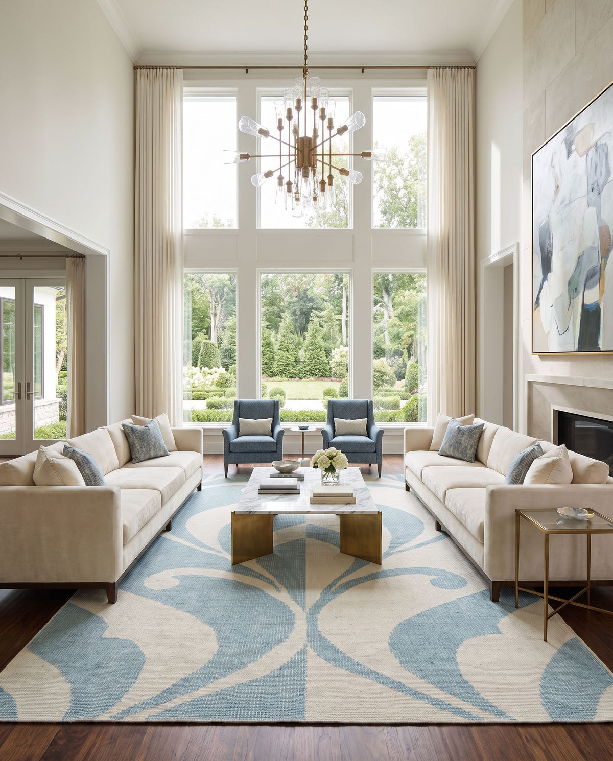 Paradox PRX-1003 Hand Knotted Rug as the centerpiece of a bright luxury living room — a hand knotted modern area rug in aqua and ivory tones