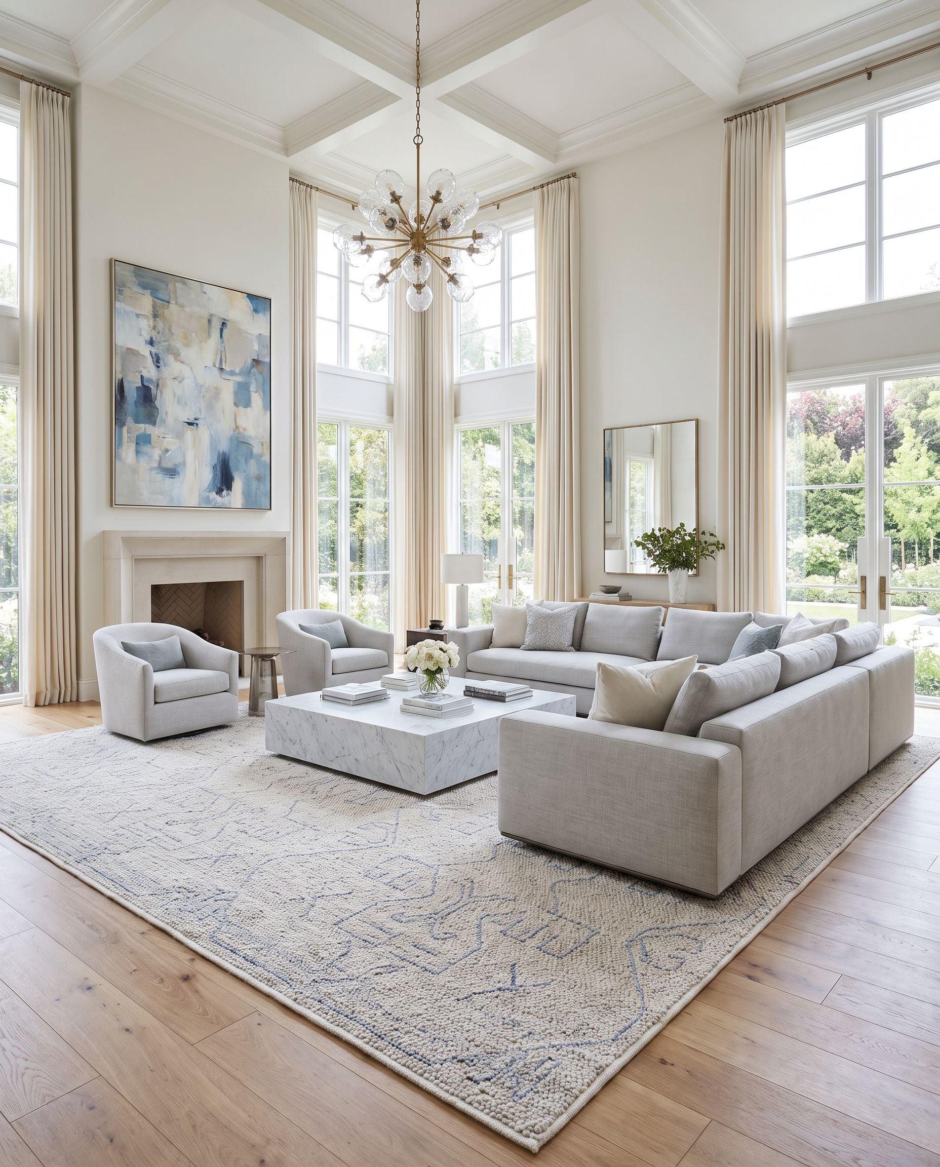 Provence PVE-2300 Hand Woven Rug as the centerpiece of a bright luxury living room — a hand woven contemporary area rug in beige and thatch blue tones
