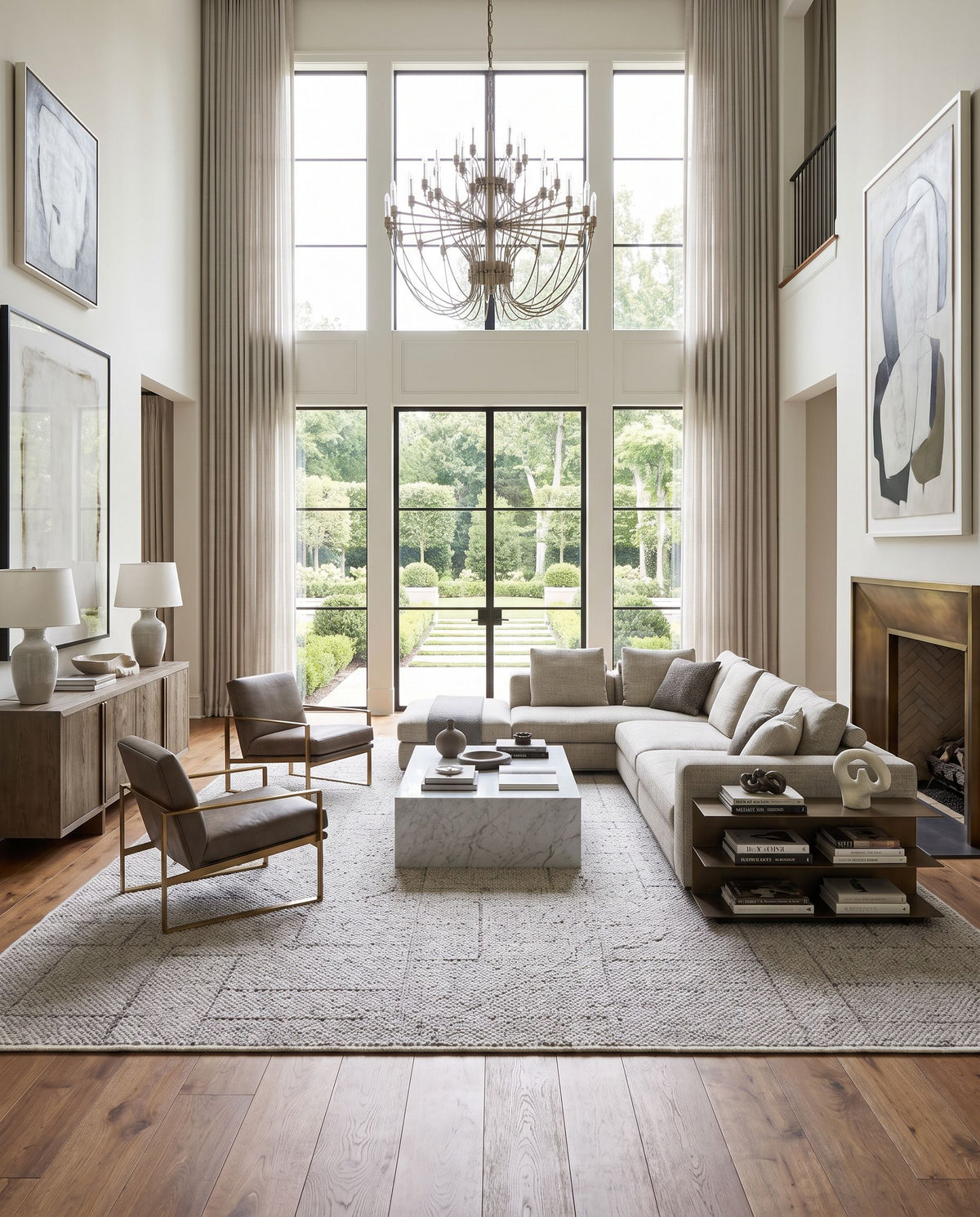 Provence PVE-2303 Hand Woven Rug as the centerpiece of a bright luxury living room — a hand woven contemporary area rug in slate gray, charcoal and ash tones