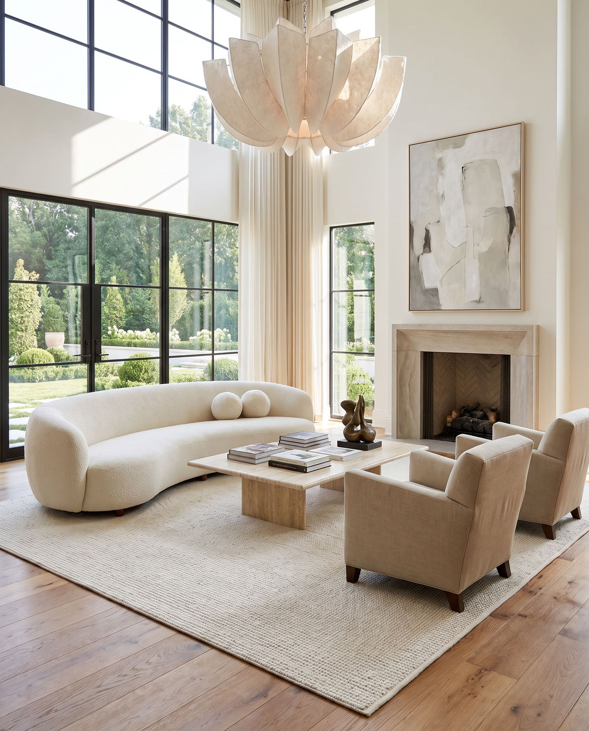 Rebecca RBC-2303 Hand Woven Rug as the centerpiece of a bright luxury living room — a hand woven modern area rug in beige tones
