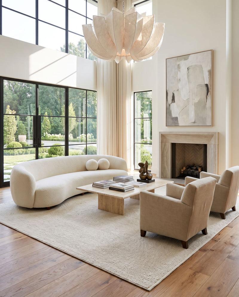 Rebecca RBC-2303 Hand Woven Rug as the centerpiece of a bright luxury living room — a hand woven modern area rug in beige tones