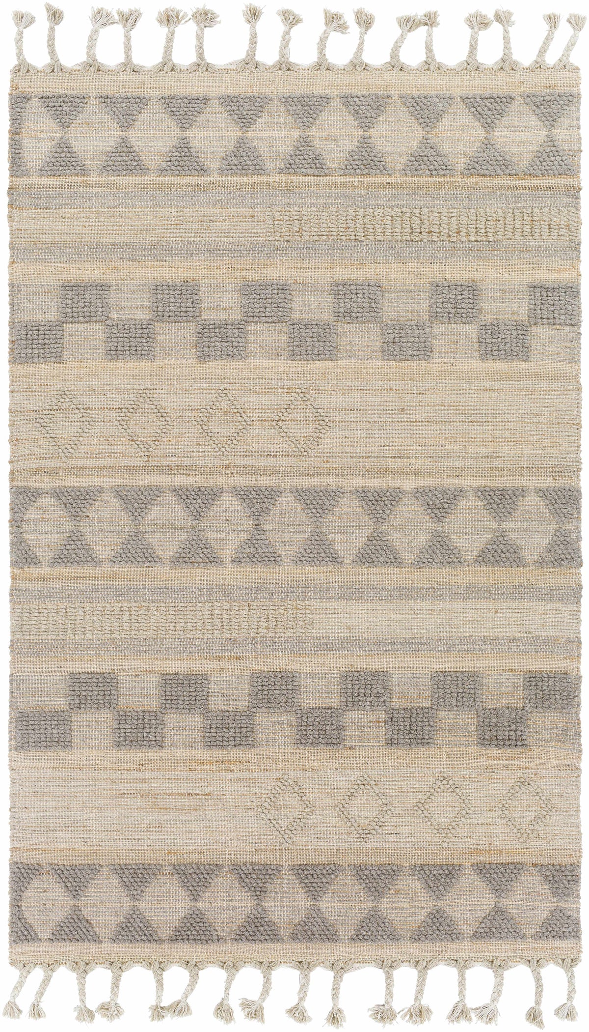 Tan Hand Woven 50% Jute, 50% Wool Global Rectangle Handmade rug, Indoor use only, has fringe, non-washable. runner also available