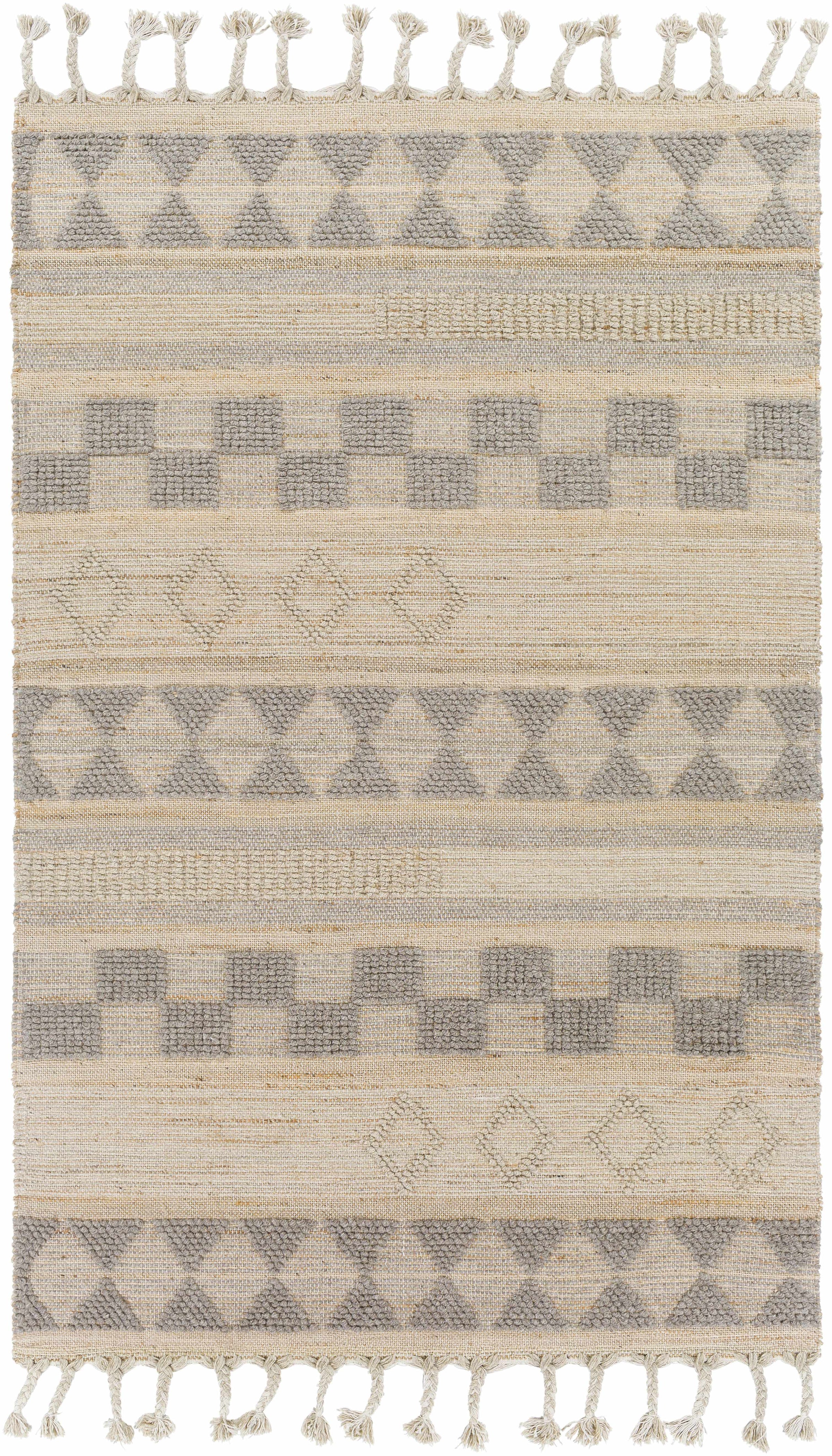 Tan Hand Woven 50% Jute, 50% Wool Global Rectangle Handmade rug, Indoor use only, has fringe, non-washable. runner also available