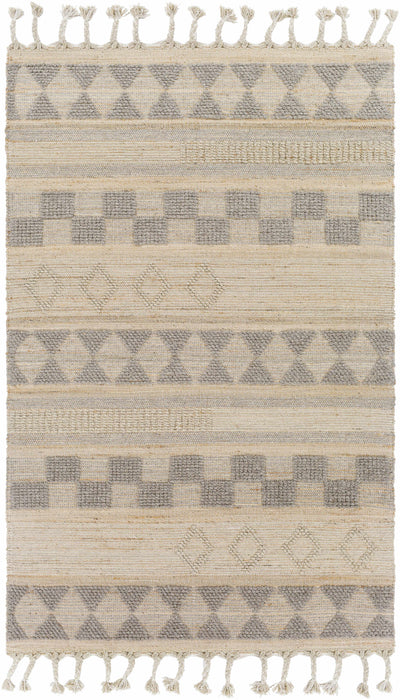 Tan Hand Woven 50% Jute, 50% Wool Global Rectangle Handmade rug, Indoor use only, has fringe, non-washable. runner also available
