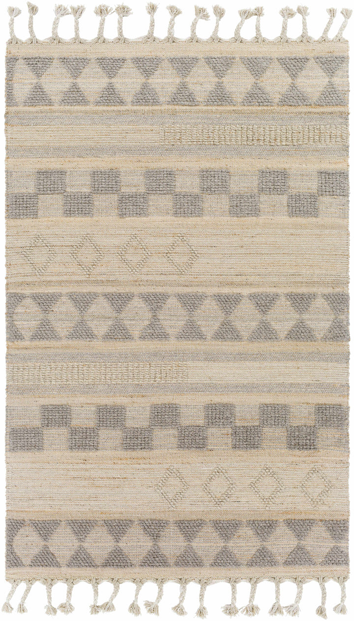 Tan Hand Woven 50% Jute, 50% Wool Global Rectangle Handmade rug, Indoor use only, has fringe, non-washable. runner also available