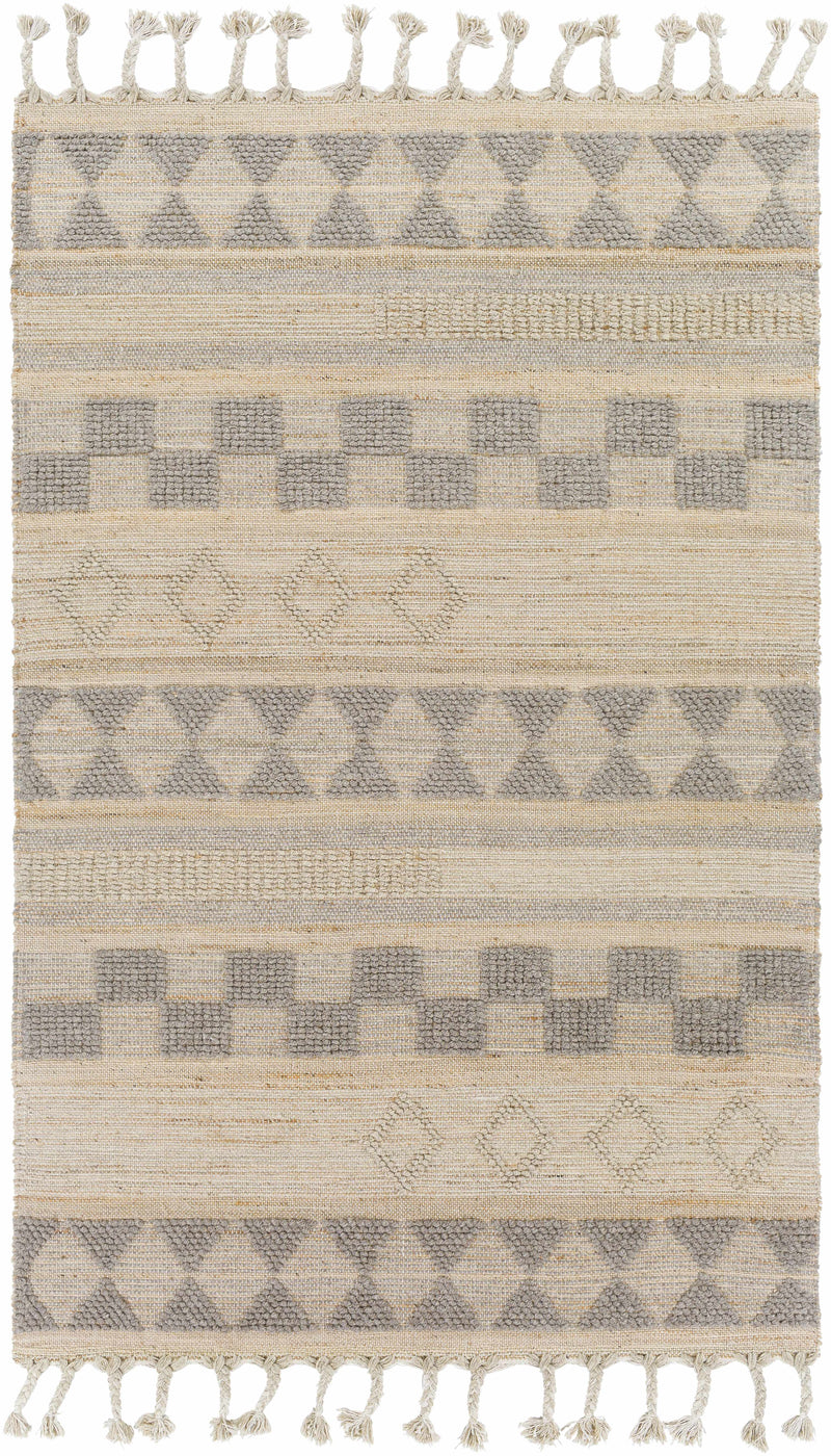 Tan Hand Woven 50% Jute, 50% Wool Global Rectangle Handmade rug, Indoor use only, has fringe, non-washable. runner also available