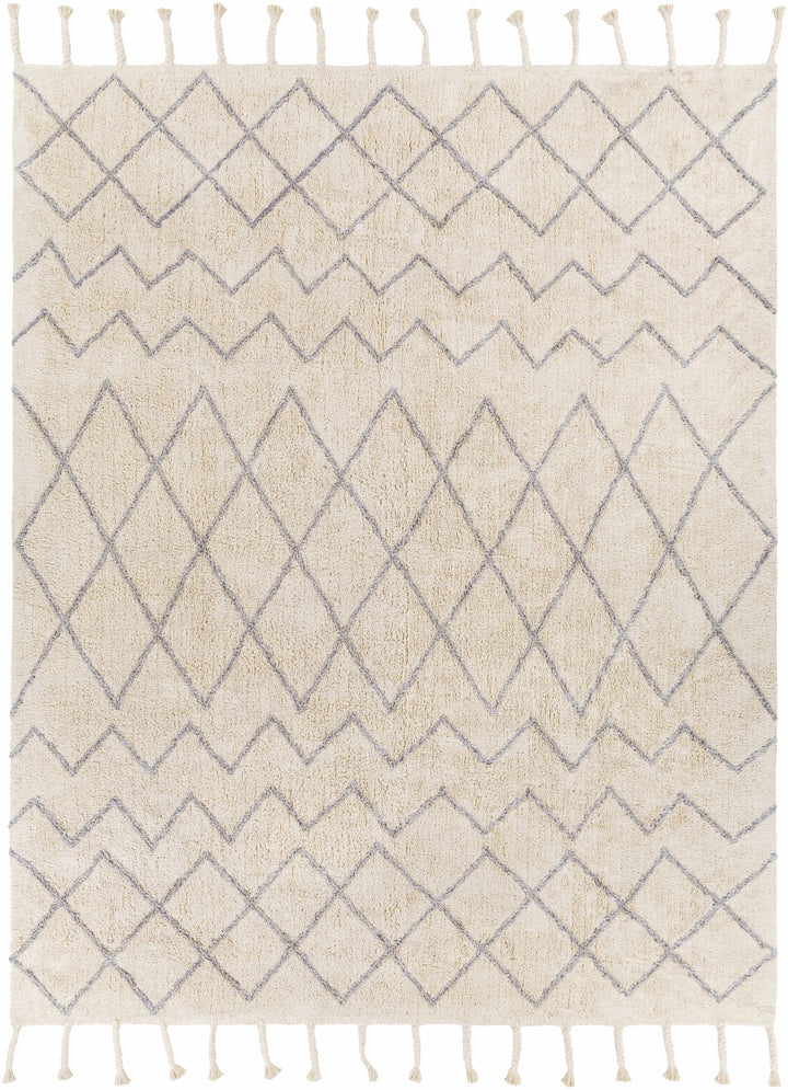 Gray Hand Woven 100% Cotton Global Rectangle Handmade rug, Indoor use only, has fringe, non-washable.