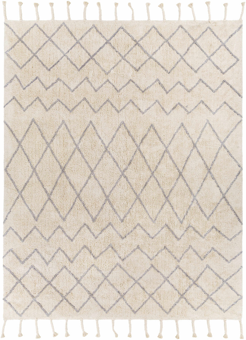 Gray Hand Woven 100% Cotton Global Rectangle Handmade rug, Indoor use only, has fringe, non-washable.