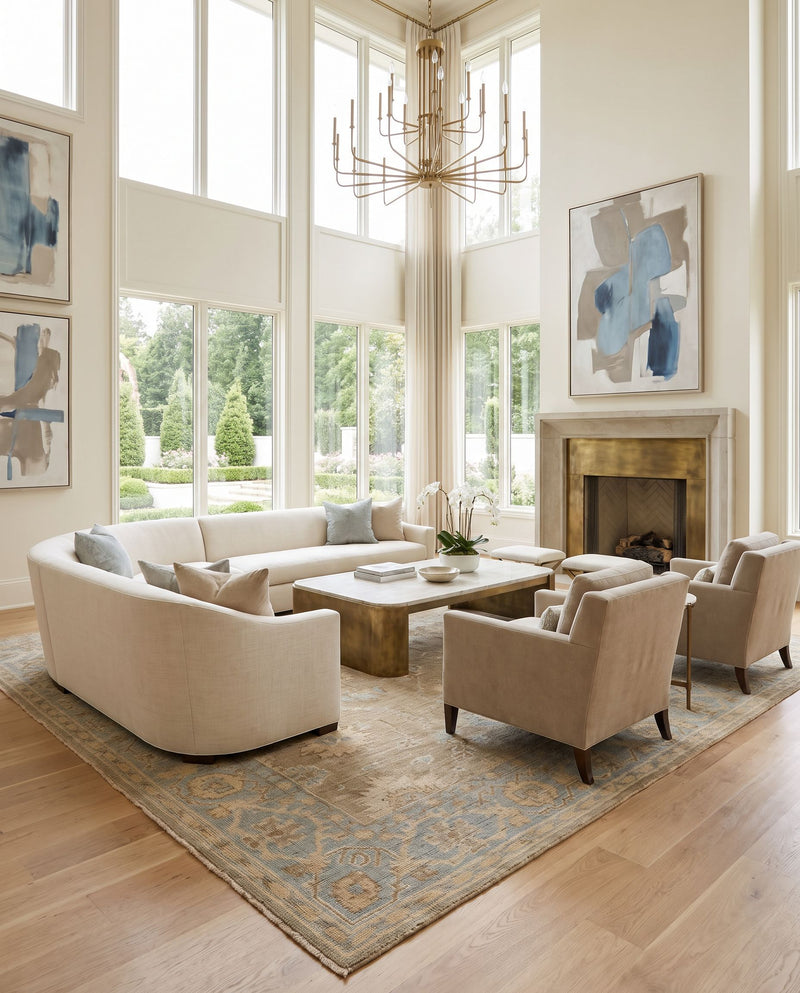 A styled living room featuring a cream curved sectional sofa, two matching beige armchairs, a wooden coffee table, and a large patterned area rug in front of tall windows and a fireplace.