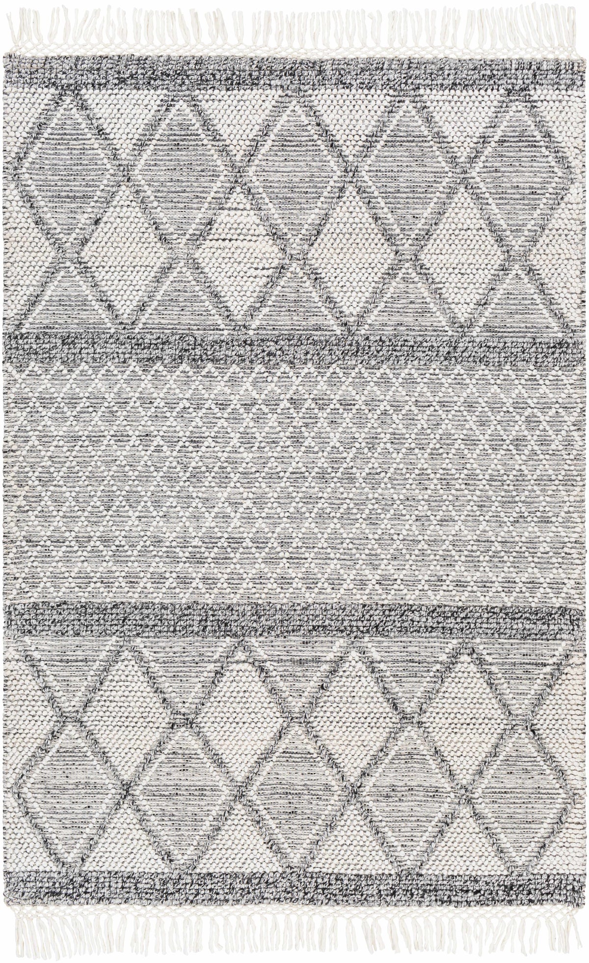 White Hand Woven 100% Recycled PET Yarn Global Rectangle Handmade rug, Indoor use only, has fringe, non-washable.