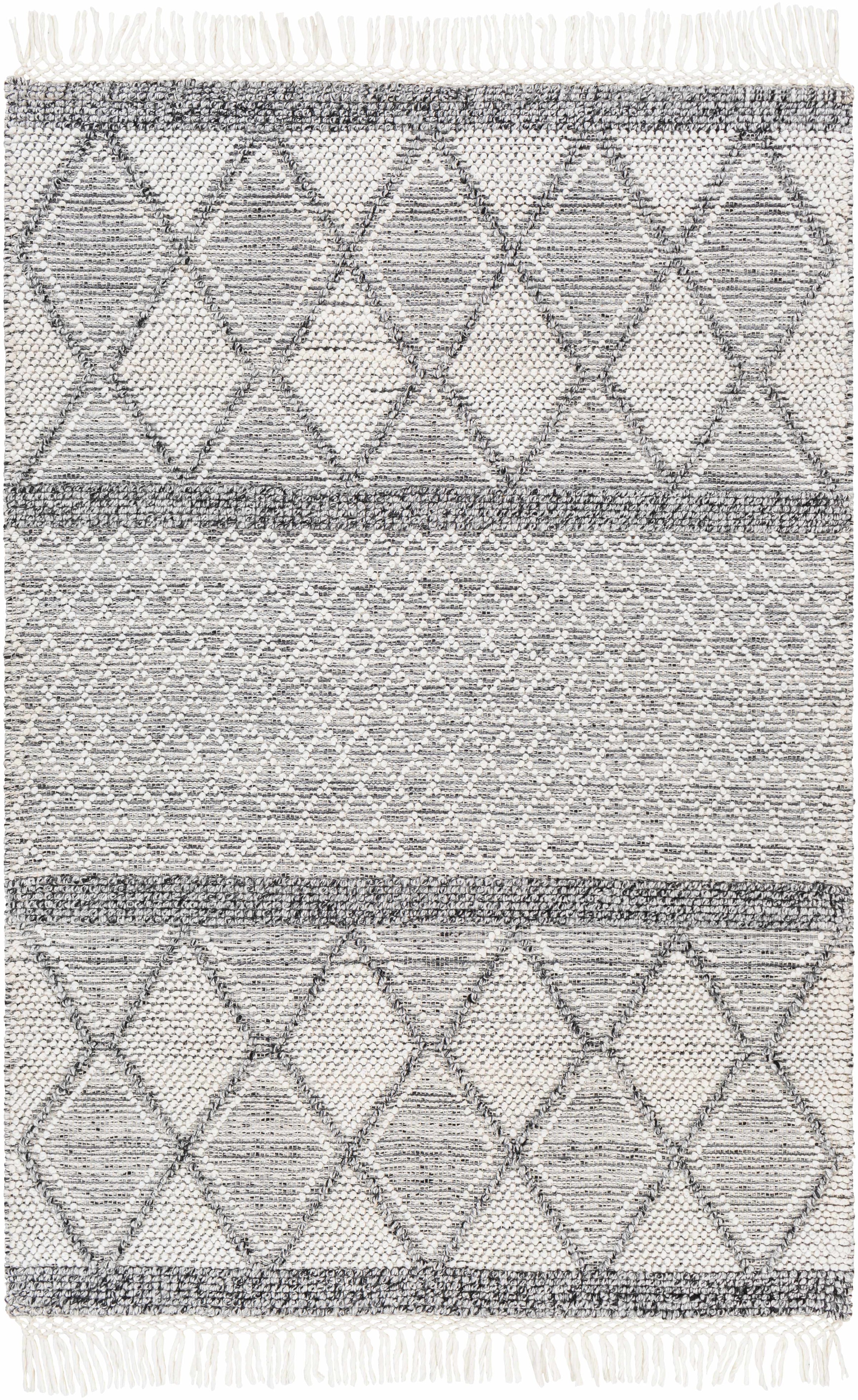 White Hand Woven 100% Recycled PET Yarn Global Rectangle Handmade rug, Indoor use only, has fringe, non-washable.