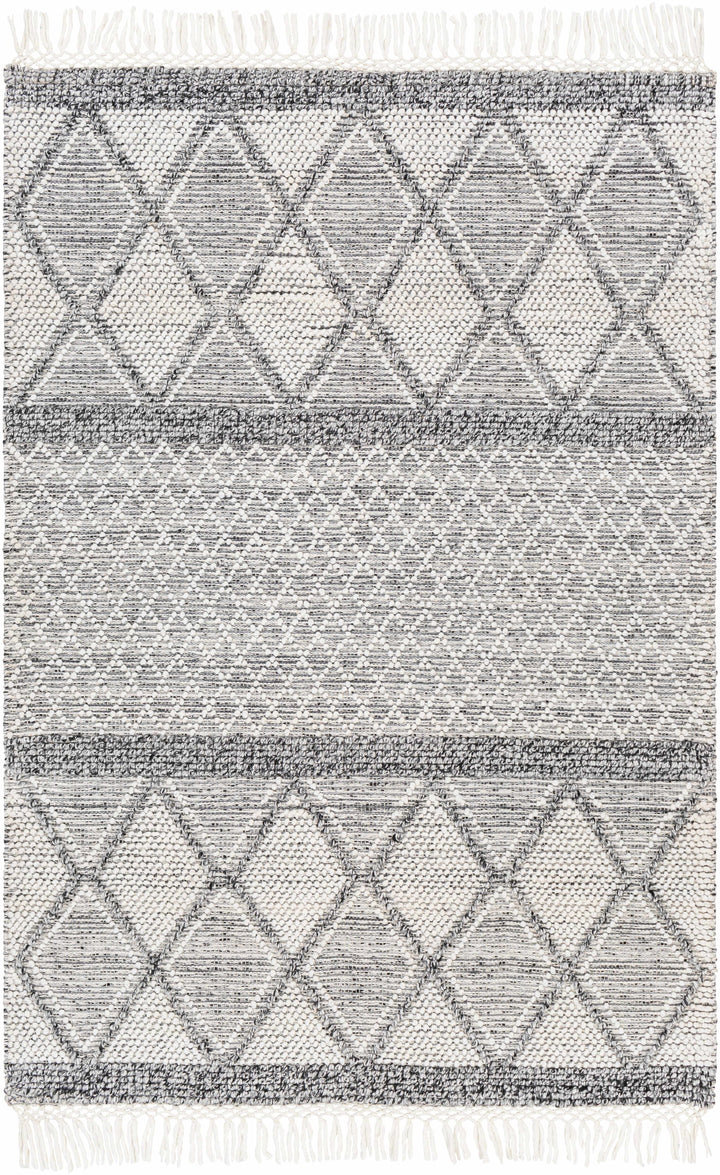 White Hand Woven 100% Recycled PET Yarn Global Rectangle Handmade rug, Indoor use only, has fringe, non-washable.