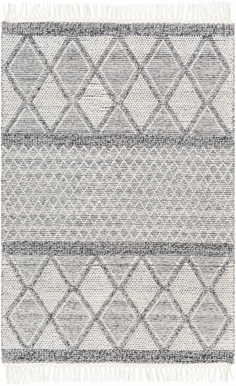White Hand Woven 100% Recycled PET Yarn Global Rectangle Handmade rug, Indoor use only, has fringe, non-washable.