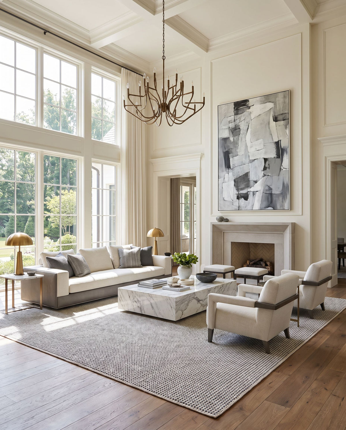 Reika REK-2302 Hand Woven Rug as the centerpiece of a bright luxury living room — a hand woven modern area rug in off-white, charcoal and beige tones