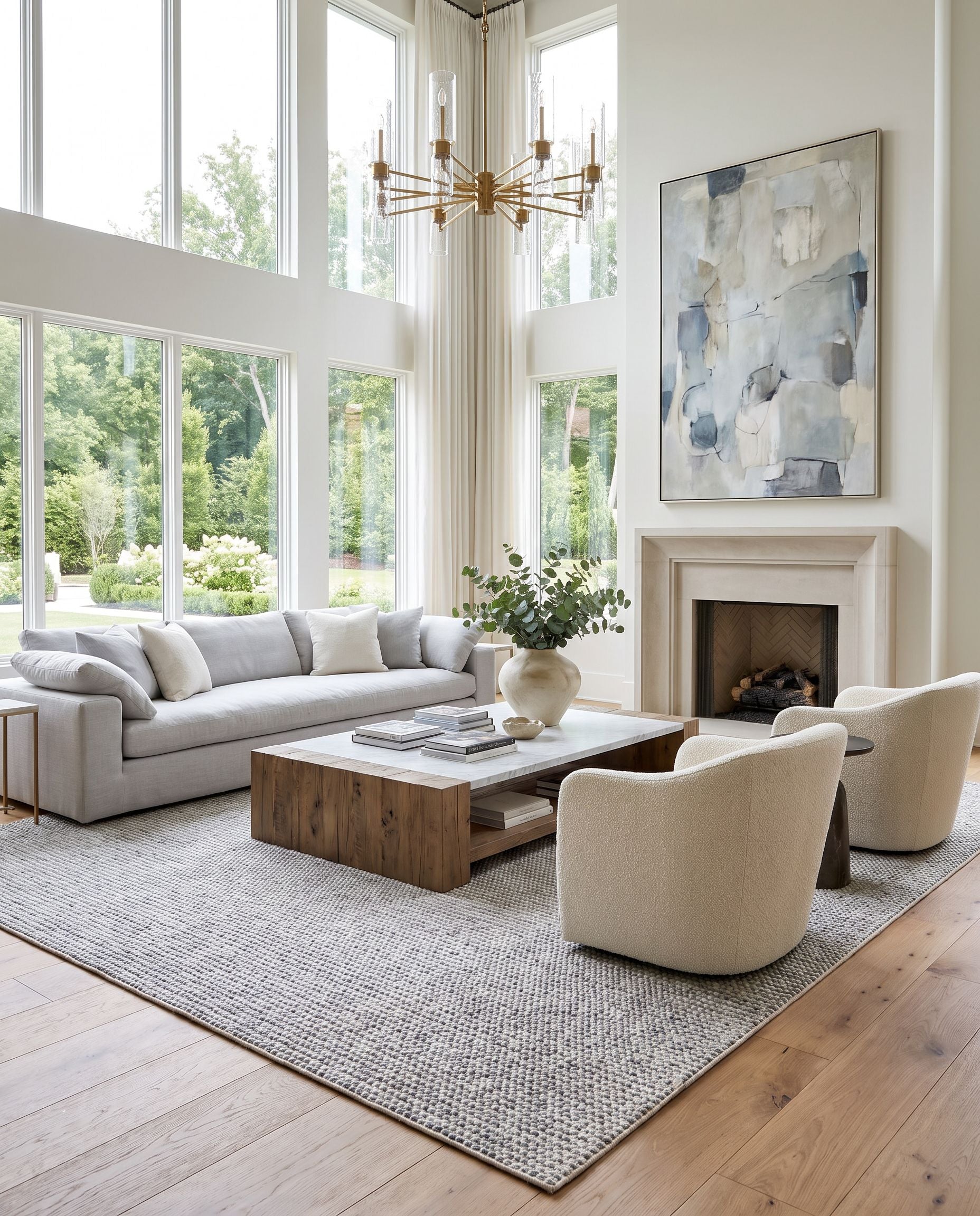 Reika REK-2304 Hand Woven Rug as the centerpiece of a bright luxury living room — a hand woven modern area rug in cream, light slate and medium gray tones