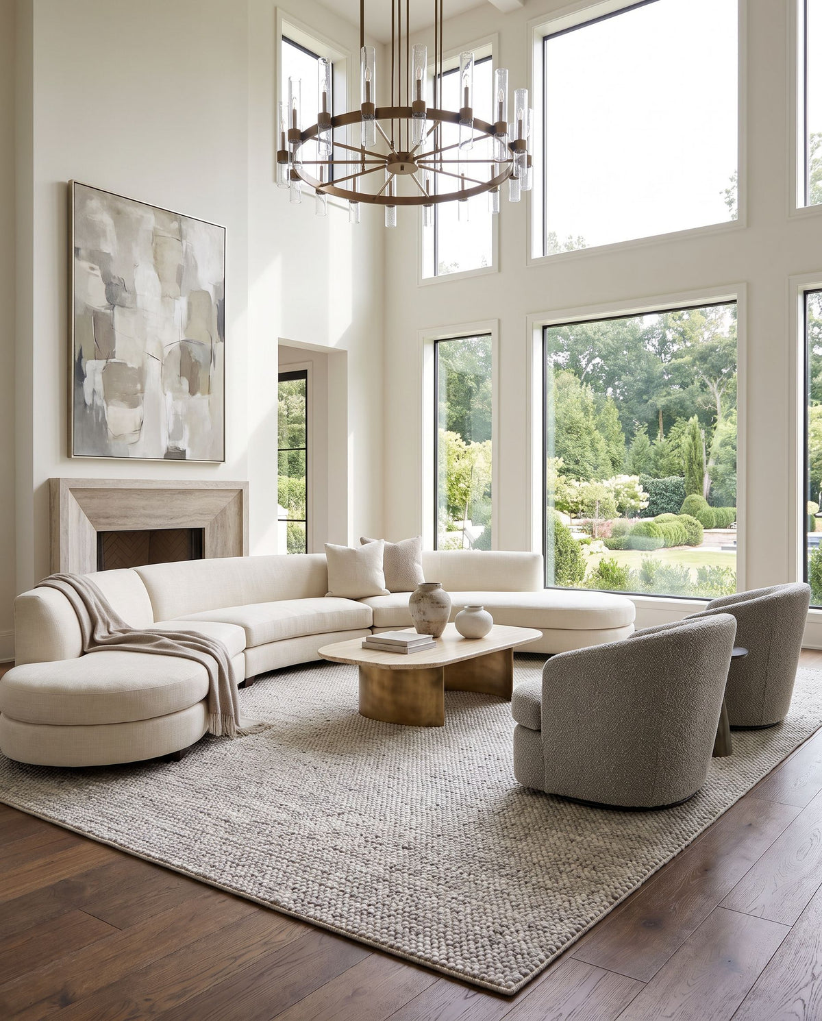 Reika REK-2306 Hand Woven Rug as the centerpiece of a bright luxury living room — a hand woven modern area rug in off-white and gray tones