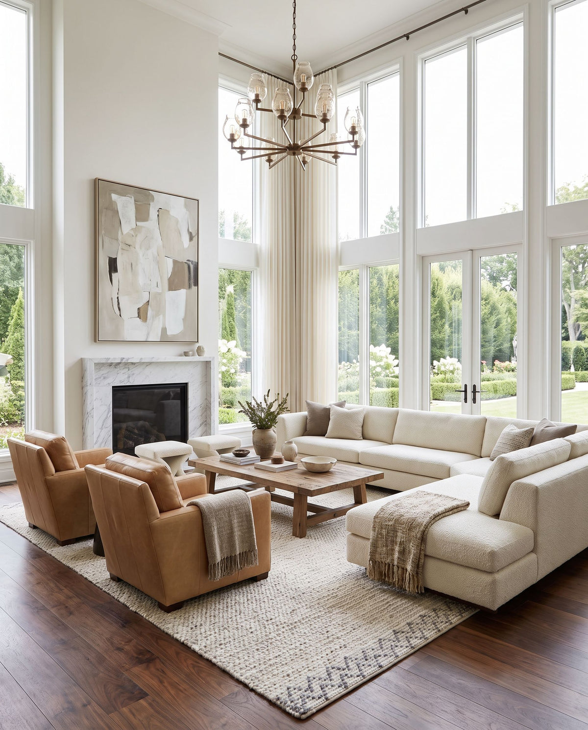 Reika REK-2307 Hand Woven Rug as the centerpiece of a bright luxury living room — a hand woven modern area rug in light gray, charcoal, white and beige tones