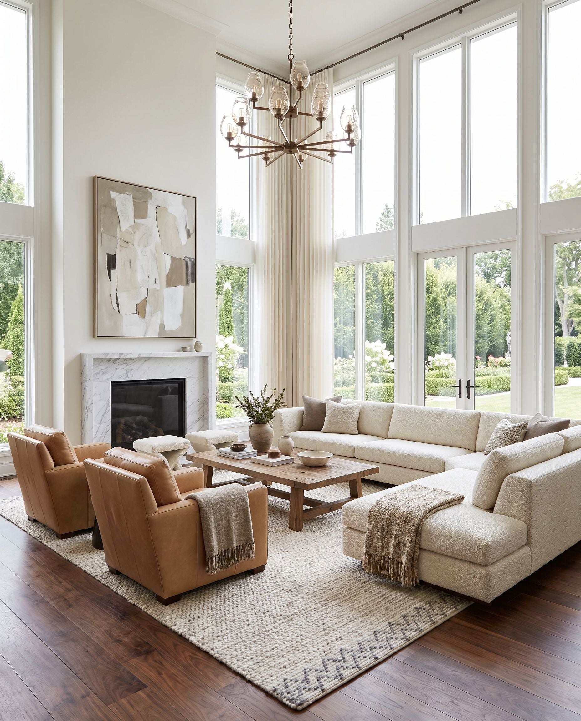 Reika REK-2307 Hand Woven Rug as the centerpiece of a bright luxury living room — a hand woven modern area rug in light gray, charcoal, white and beige tones