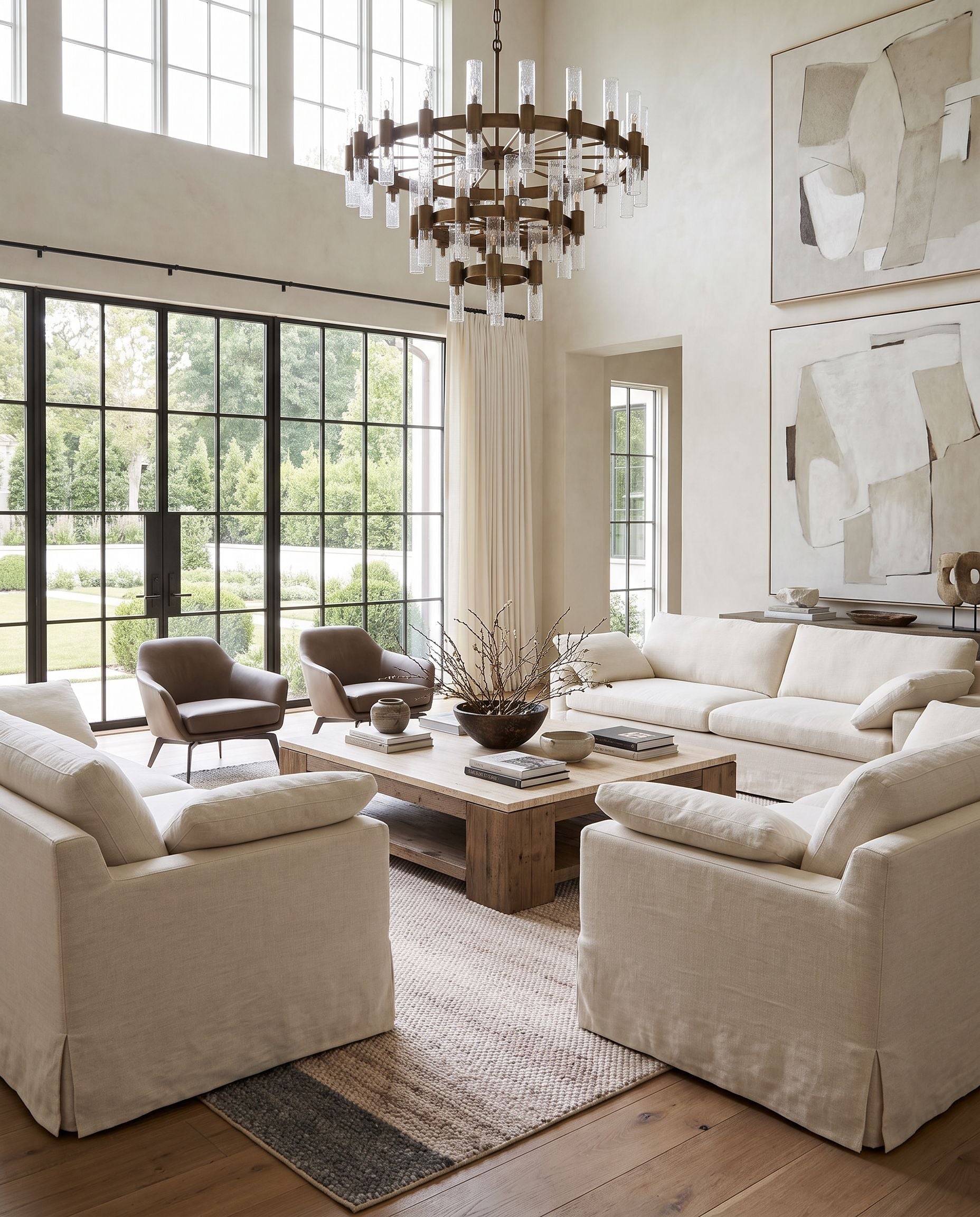 Reika REK-2308 Hand Woven Rug as the centerpiece of a bright luxury living room — a hand woven modern area rug in off-white, denim, light blue and light gray tones