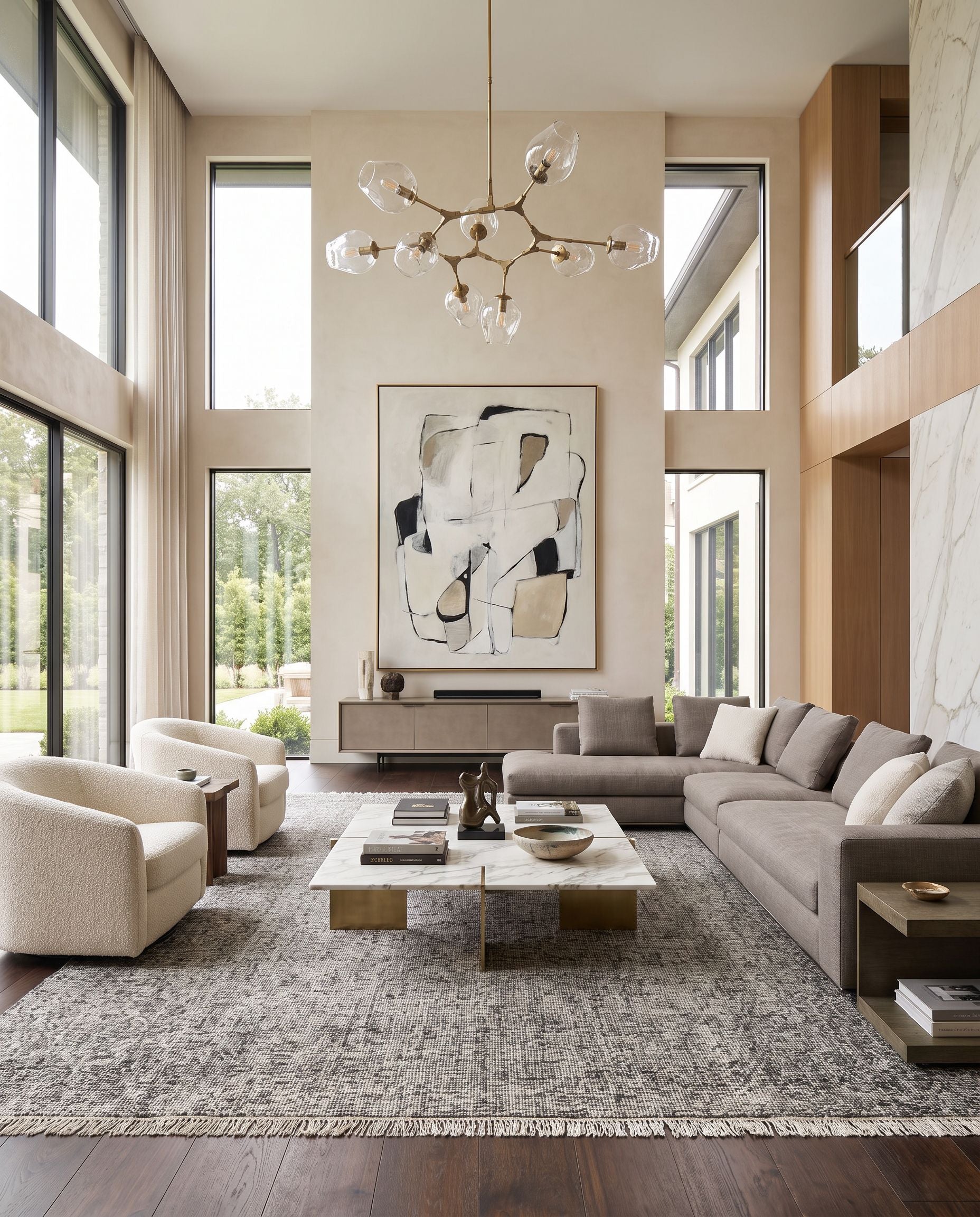 Rex REX-4000 Hand Woven Rug as the centerpiece of a bright luxury living room — a hand woven modern area rug in black and ivory tones