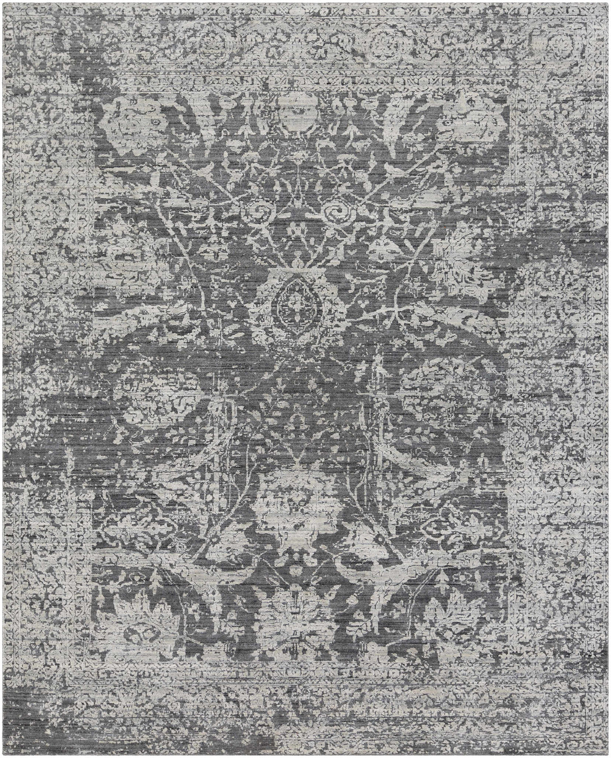 Charcoal Hand Loomed 75% Viscose, 25% Wool Traditional Rectangle Handmade rug, Indoor use only, no fringe, non-washable.