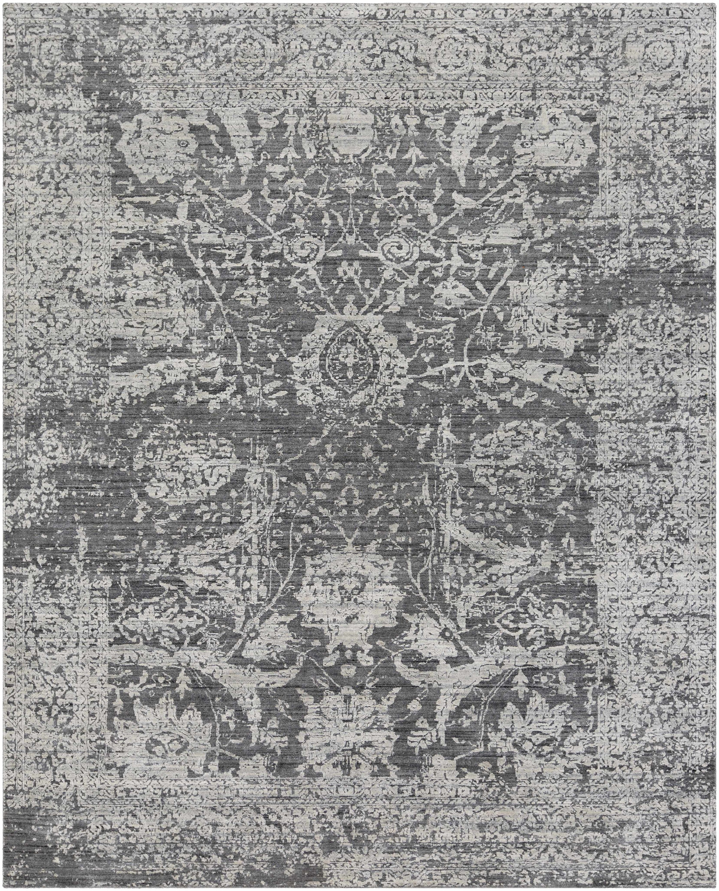 Charcoal Hand Loomed 75% Viscose, 25% Wool Traditional Rectangle Handmade rug, Indoor use only, no fringe, non-washable.