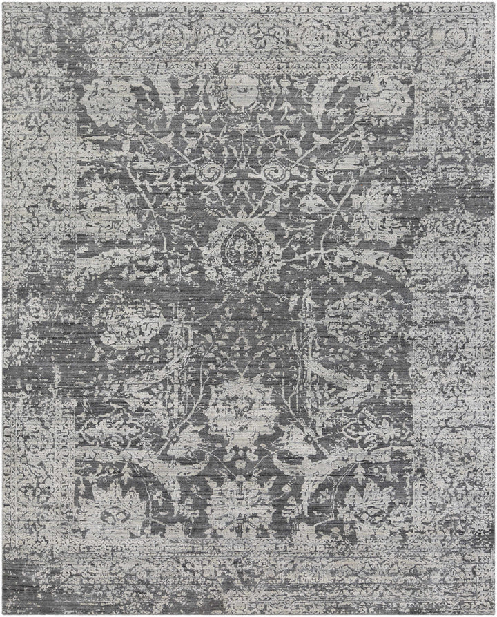 Charcoal Hand Loomed 75% Viscose, 25% Wool Traditional Rectangle Handmade rug, Indoor use only, no fringe, non-washable.