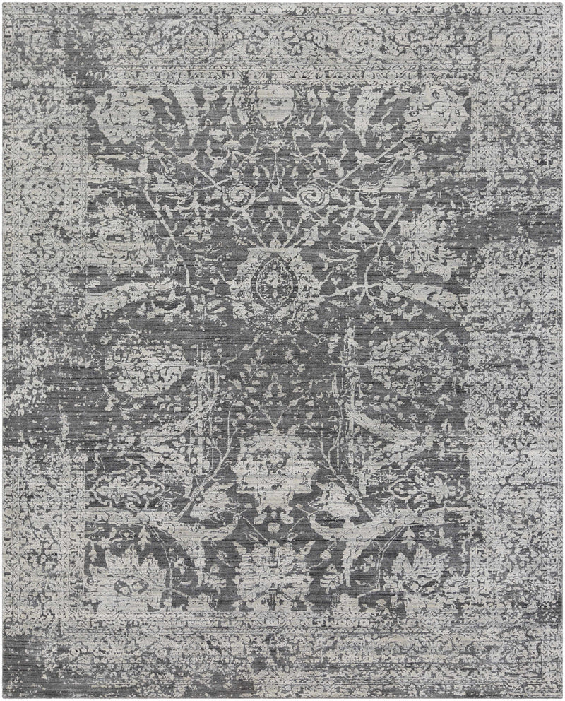 Charcoal Hand Loomed 75% Viscose, 25% Wool Traditional Rectangle Handmade rug, Indoor use only, no fringe, non-washable.