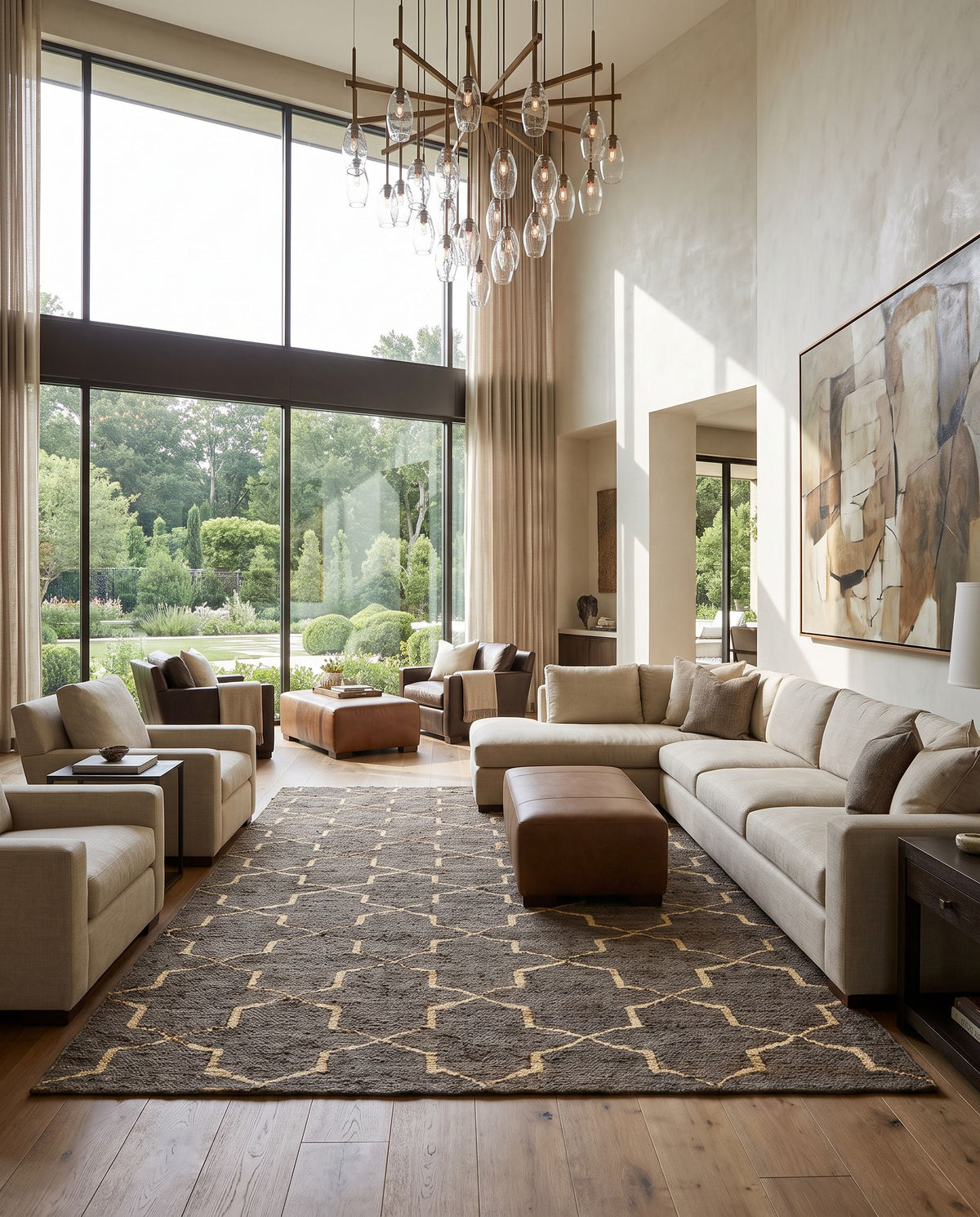 Riah RIH-2303 Hand Woven Rug as the centerpiece of a bright luxury living room — a hand woven cottage area rug in black and beige tones