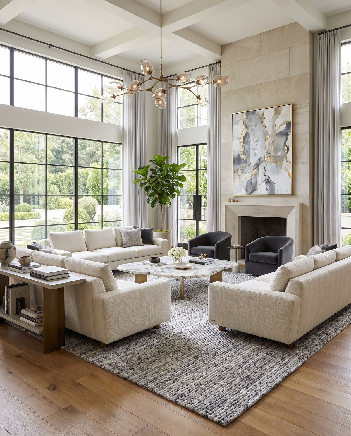Ronin RIN-2300 Hand Loomed Rug as the centerpiece of a bright luxury living room — a hand loomed cottage area rug in charcoal, ash gray and ivory tones