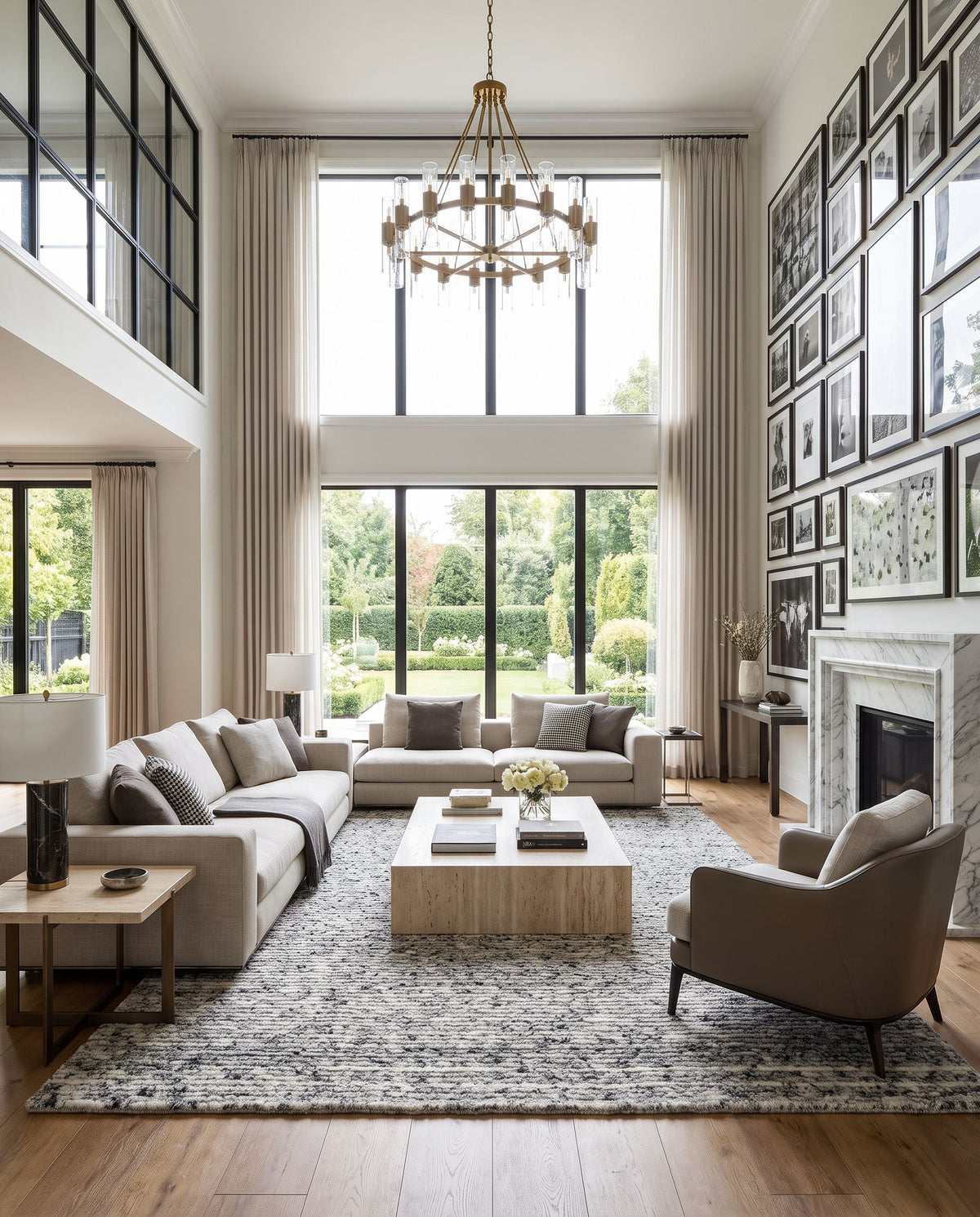 Ronin RIN-2300 Hand Loomed Rug styled in an elegant designer living room — hand loomed cottage area rug in charcoal, ash gray and ivory tones