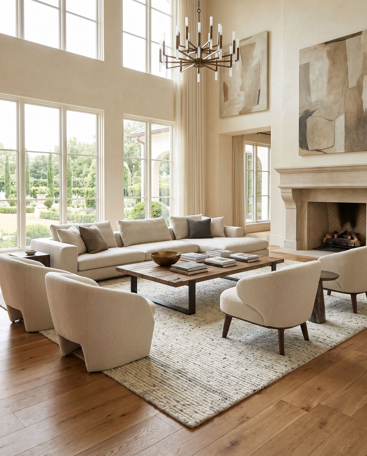 Ronin RIN-2301 Hand Loomed Rug as the centerpiece of a bright luxury living room — a hand loomed cottage area rug in ivory, charcoal and slate gray tones