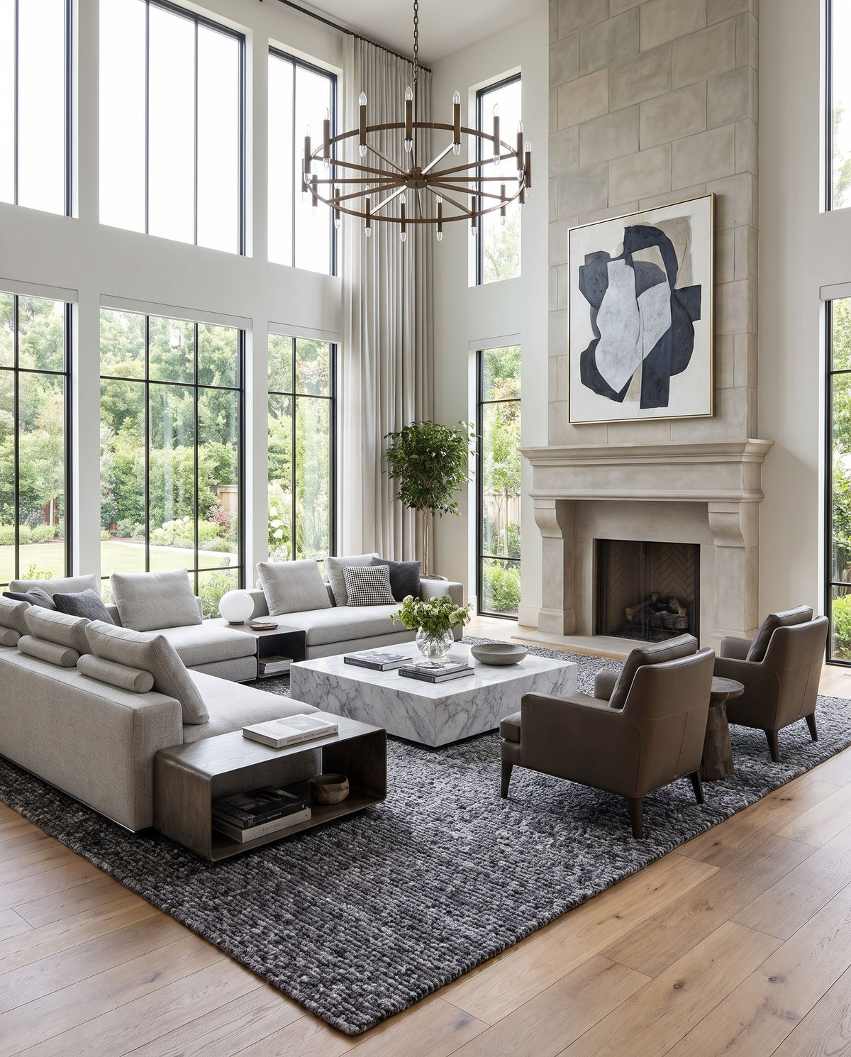 Ronin RIN-2302 Hand Loomed Rug as the centerpiece of a bright luxury living room — a hand loomed cottage area rug in charcoal, slate, ash and graphite tones