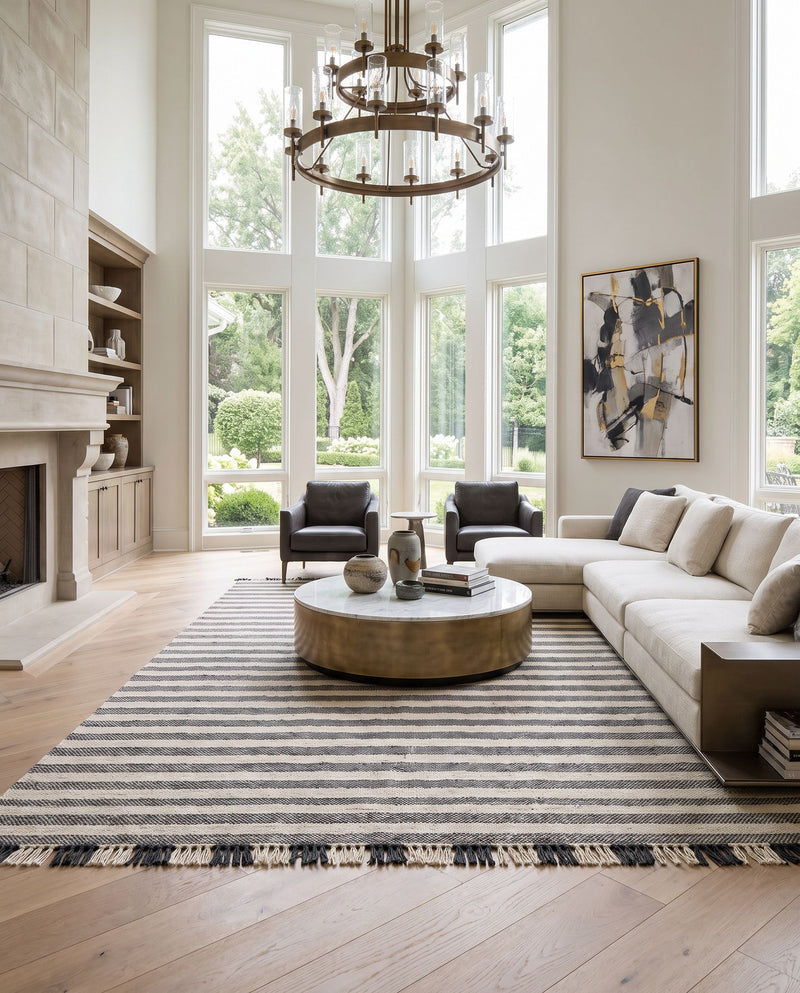 Reliance RLI-2302 Hand Woven Rug as the centerpiece of a bright luxury living room — a hand woven modern area rug in black, light beige and cream tones