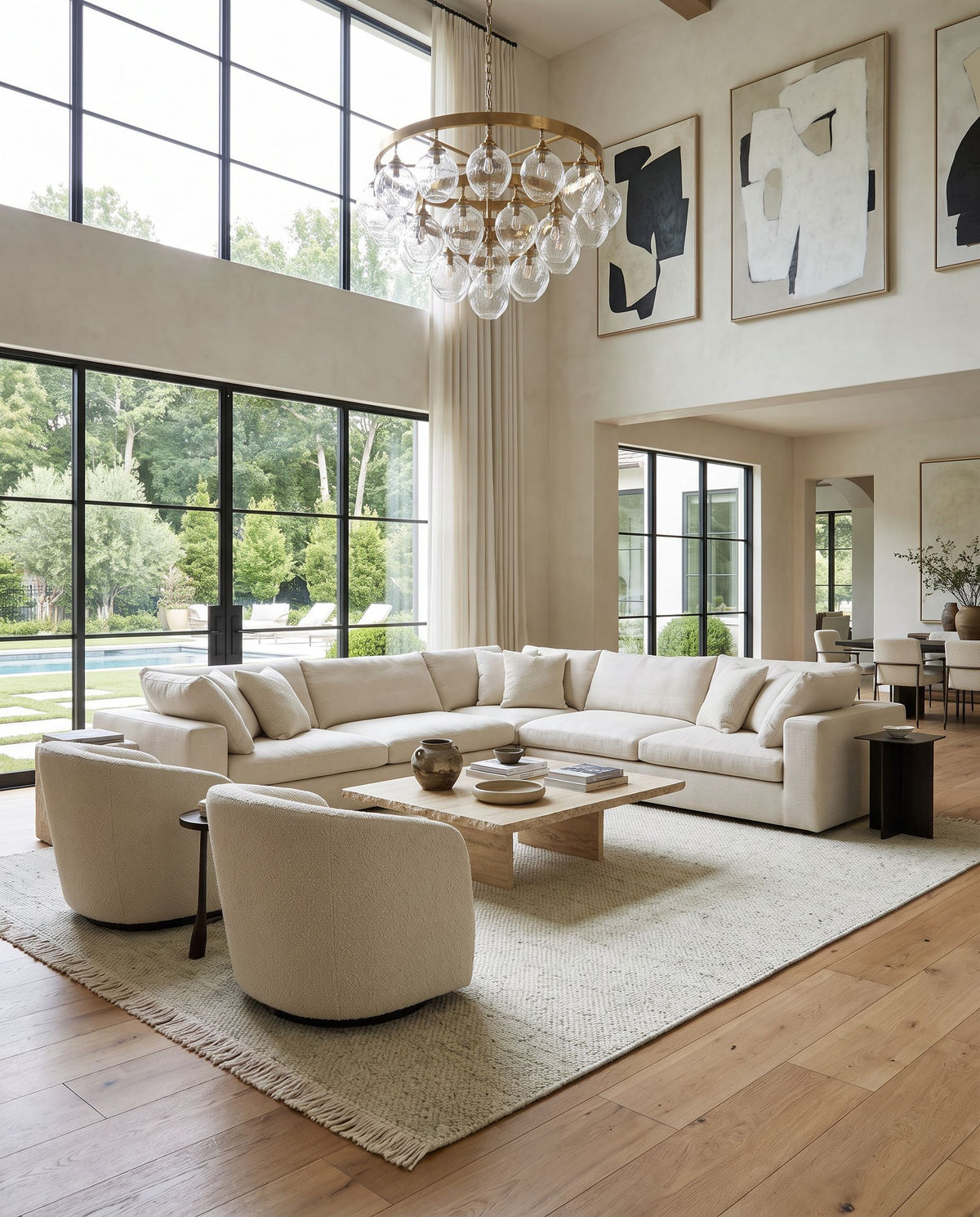 Reliance RLI-2310 Hand Woven Rug as the centerpiece of a bright luxury living room — a hand woven transitional, traditional area rug in sage, ivory and ecru tones