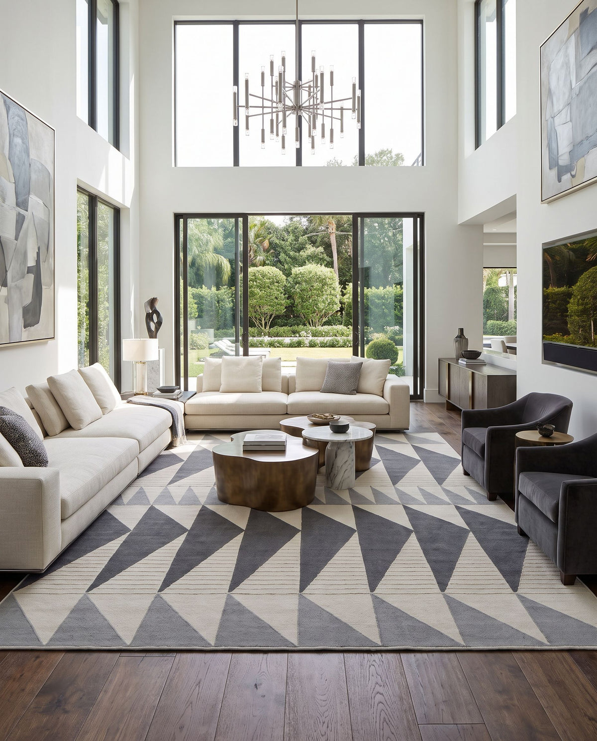 Renata RNA-1000 Hand Woven Rug as the centerpiece of a bright luxury living room — a hand woven modern area rug in navy, deep teal, light sage and light gray tones