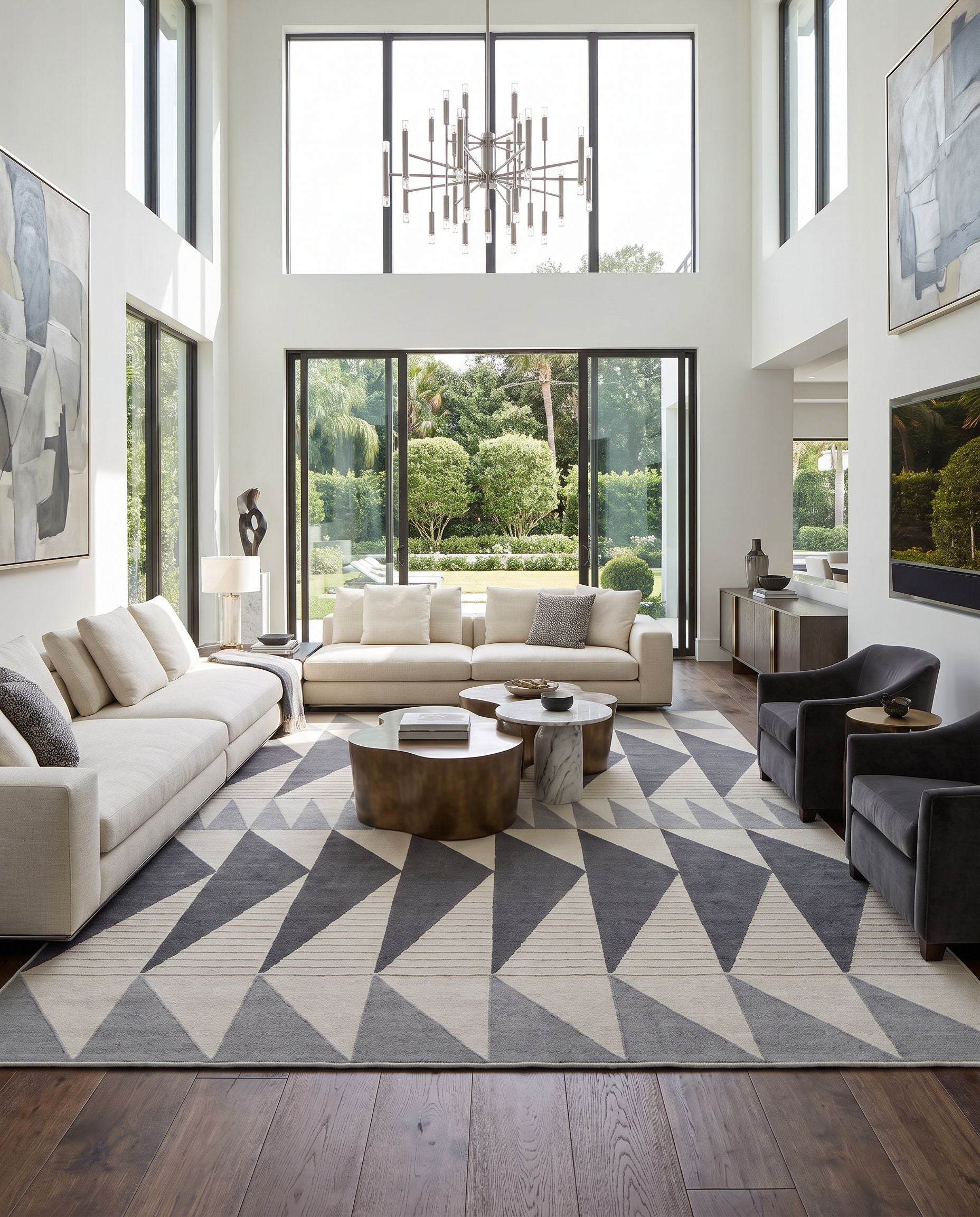 Renata RNA-1000 Hand Woven Rug as the centerpiece of a bright luxury living room — a hand woven modern area rug in navy, deep teal, light sage and light gray tones