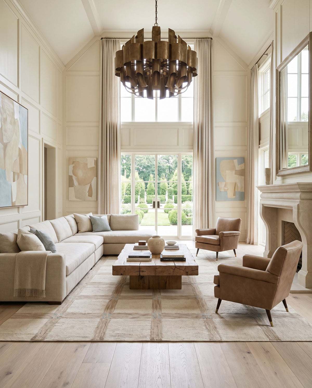 Alabas Hand Tufted Rug as the centerpiece of a bright luxury living room — a hand tufted modern area rug in warm neutral tones