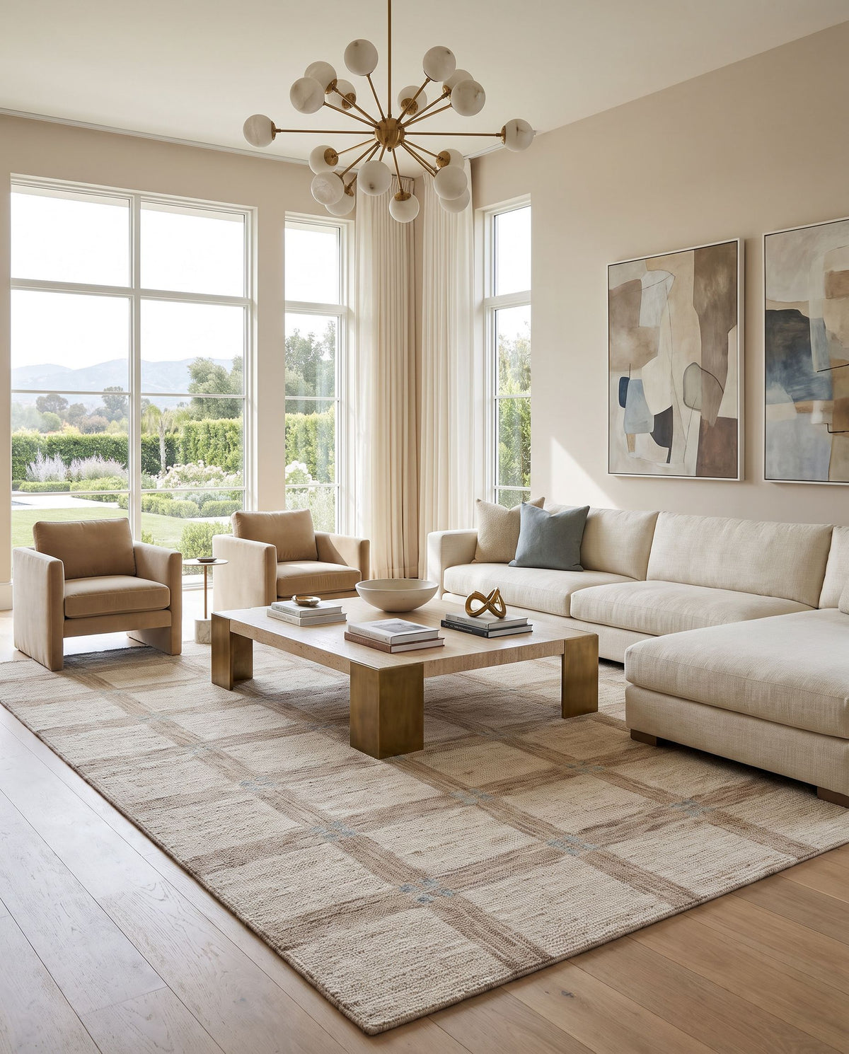 Alabas Hand Tufted Rug styled in an elegant designer living room — hand tufted modern area rug in warm neutral tones