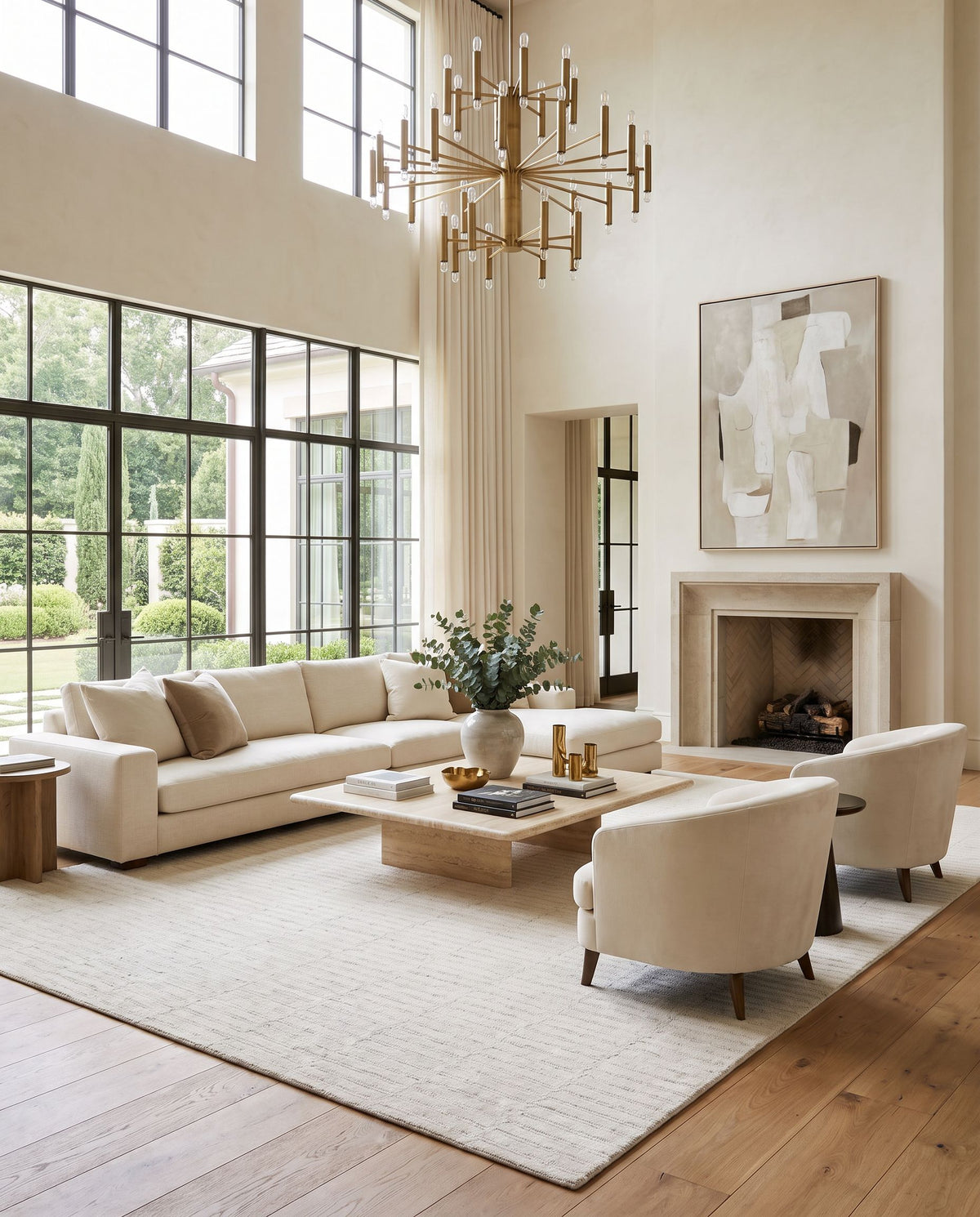Alacati Hand Tufted Rug as the centerpiece of a bright luxury living room — a hand tufted modern area rug in cream and off-white tones