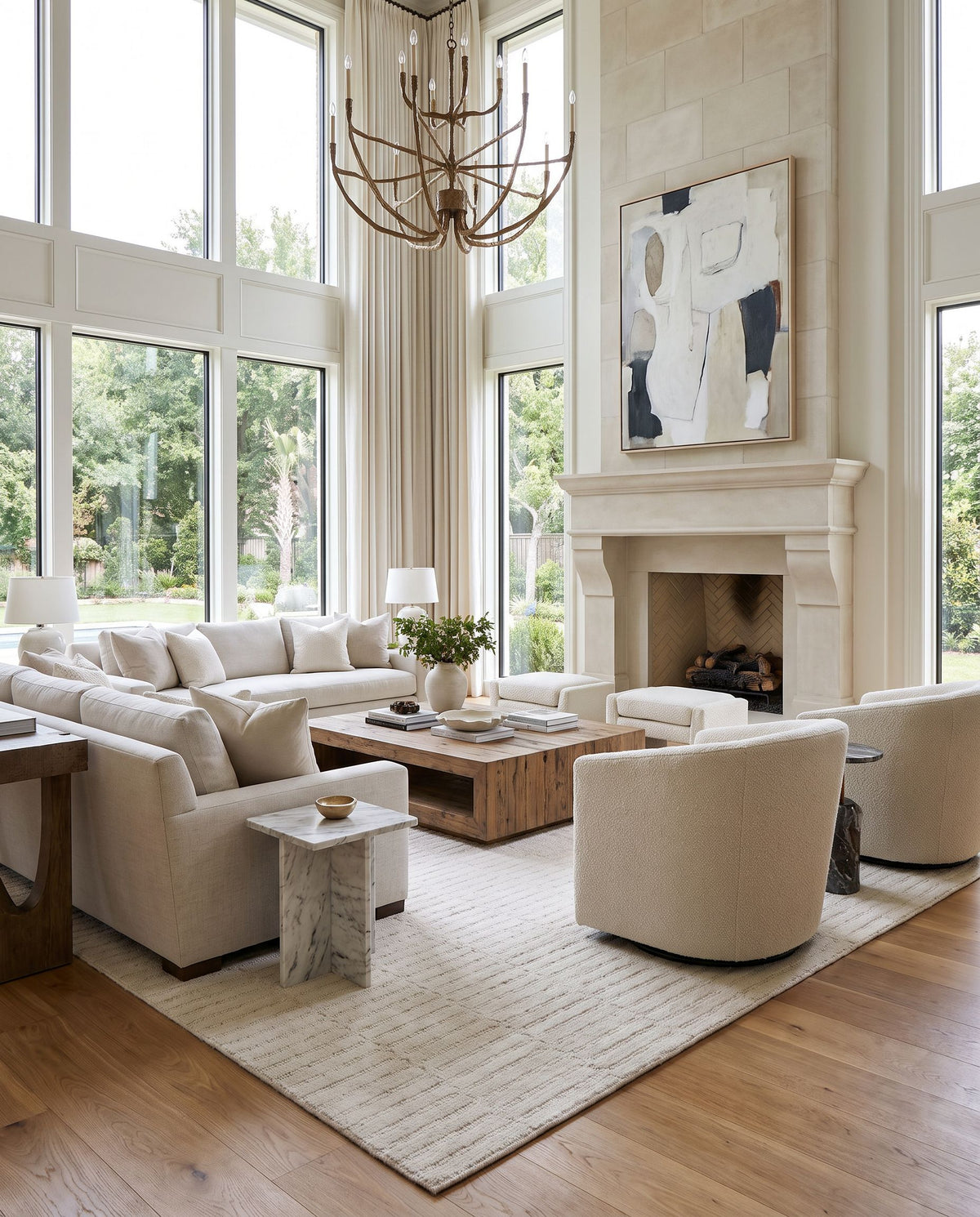 Alacati Hand Tufted Rug styled in an elegant designer living room — hand tufted modern area rug in cream and off-white tones